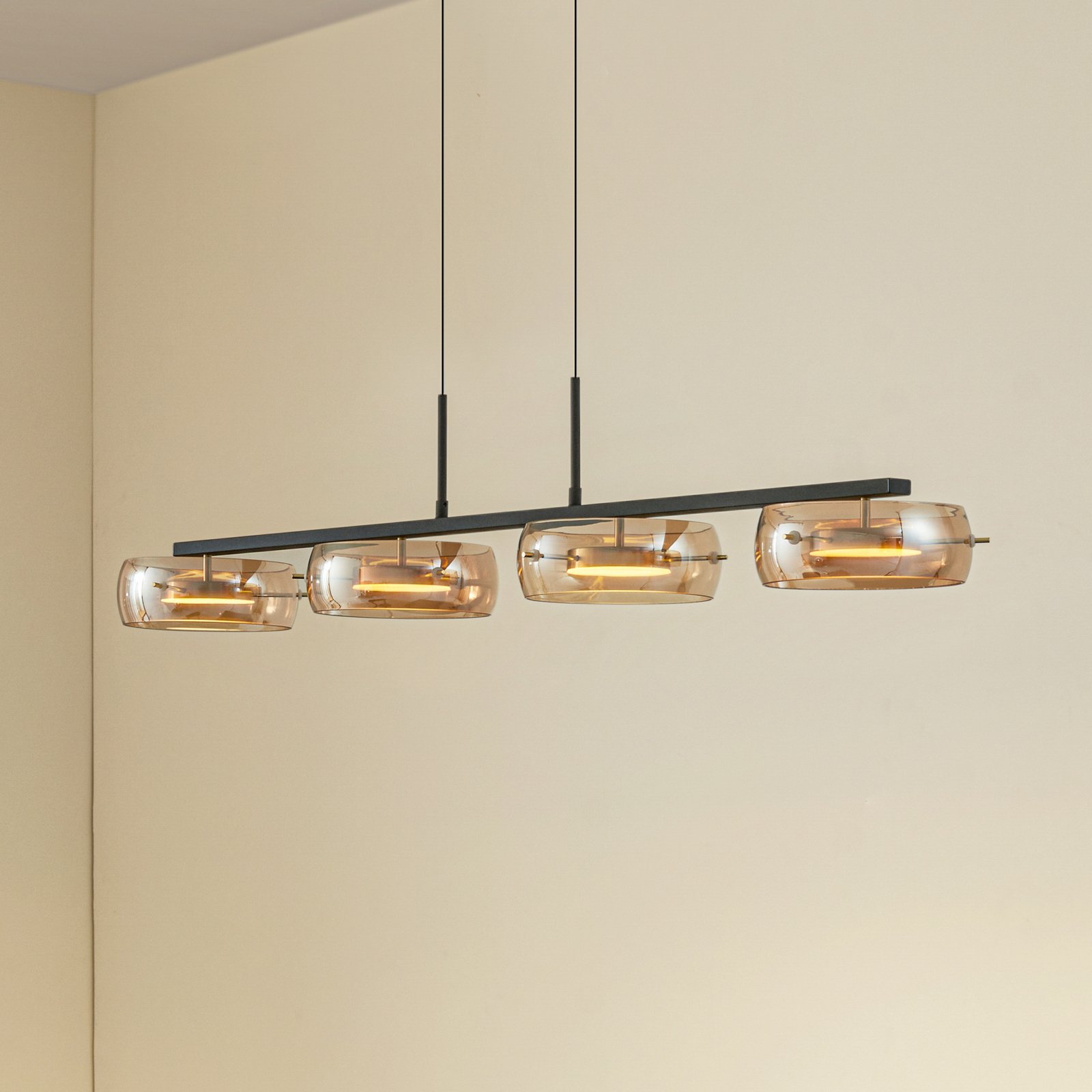 Lucande LED-pendant lamp, amber, 4-flames, glass, dimmable