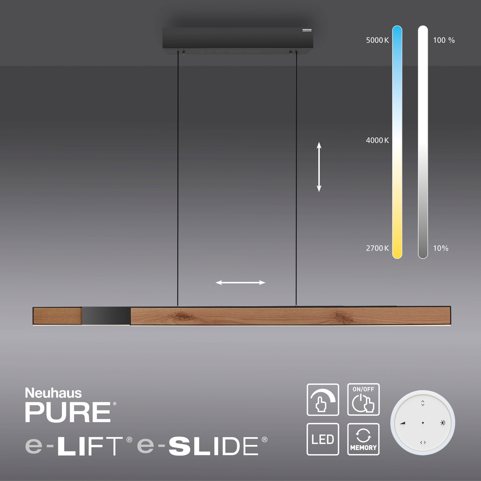 PURE Moto-Rise LED závěsné světlo s CCT, dřevo