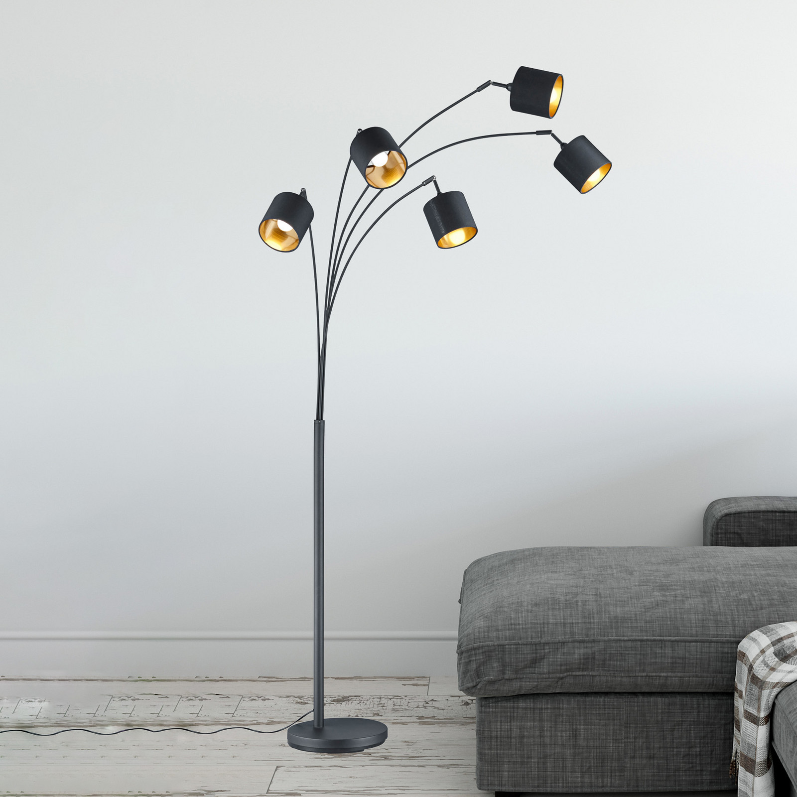 Reality Leuchten Lampă de podea Tommy negru/auriu înălțime 200 cm 5 lumini material - Camera de zi / sufragerie - modern - negru mat auriu - Metal