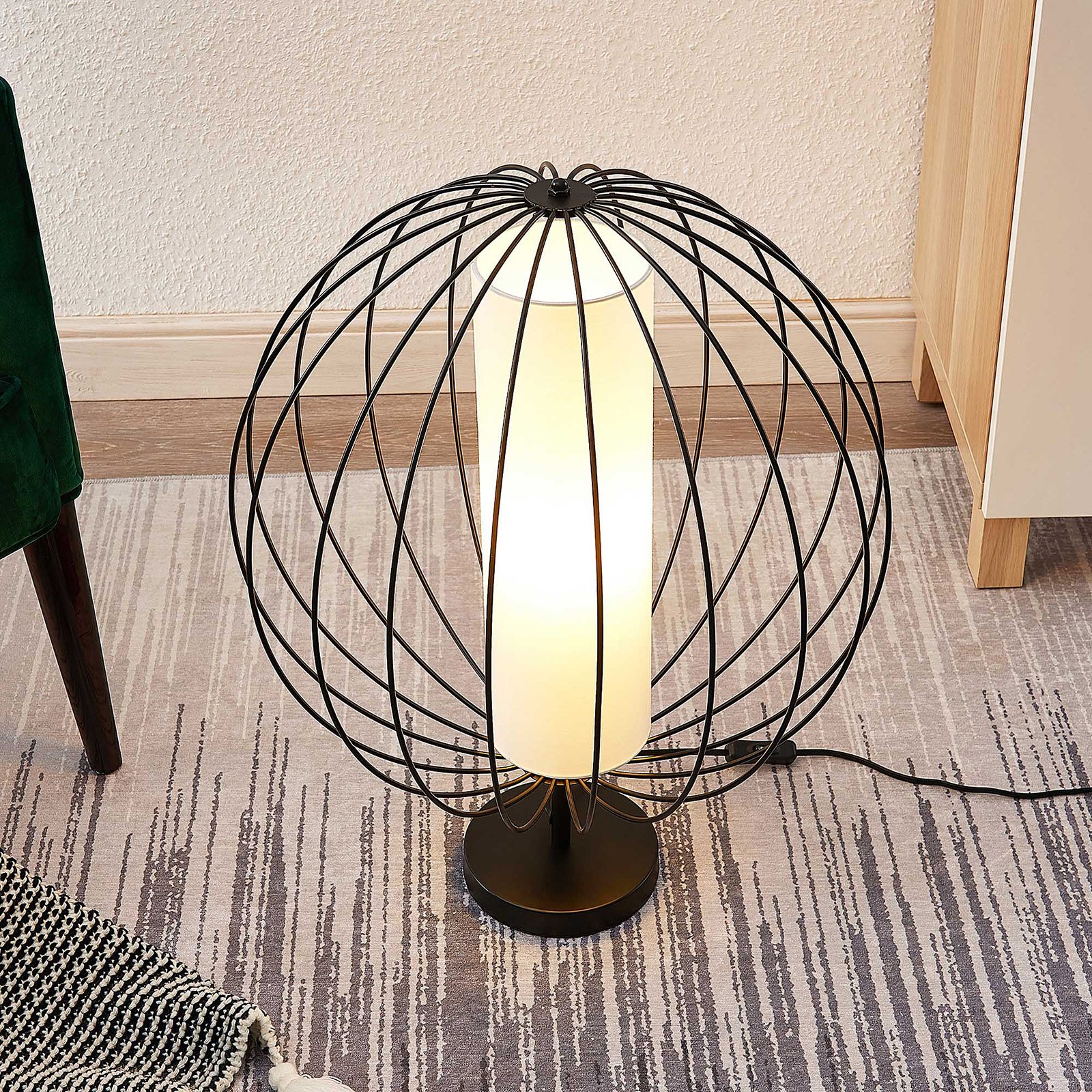 Lindby Koriko table lamp, round cage lampshade, for Living / Dining Room, metal, plastic, E27, 60 W, energy efficiency: A++, H: 61.4 cm
