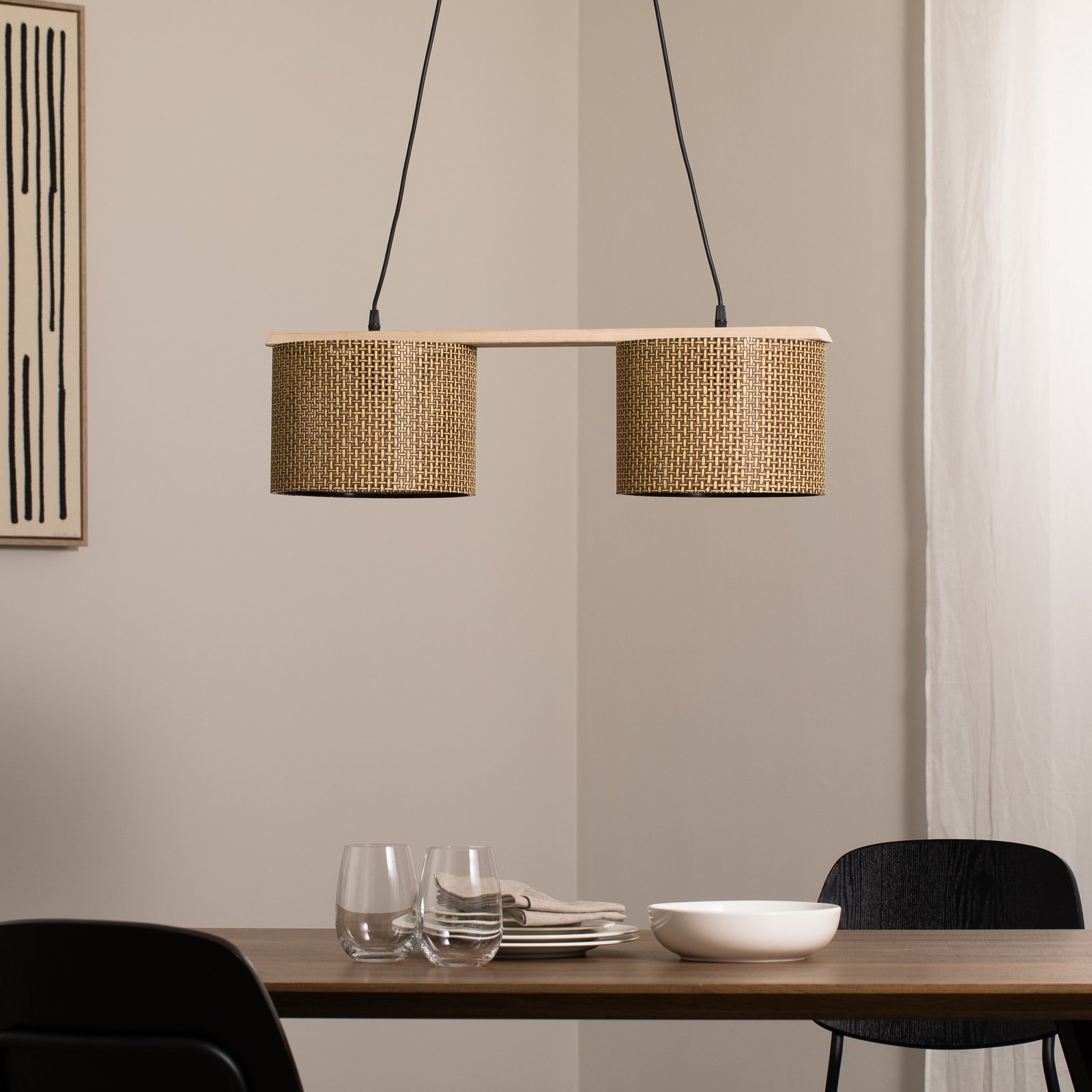 Candeeiro suspenso Zigana, padrão castanho, 2 lâmpadas, tecido, madeira Candeeiro suspenso Zigana, padrão castanho, 2 lâmpadas, tecido, madeira