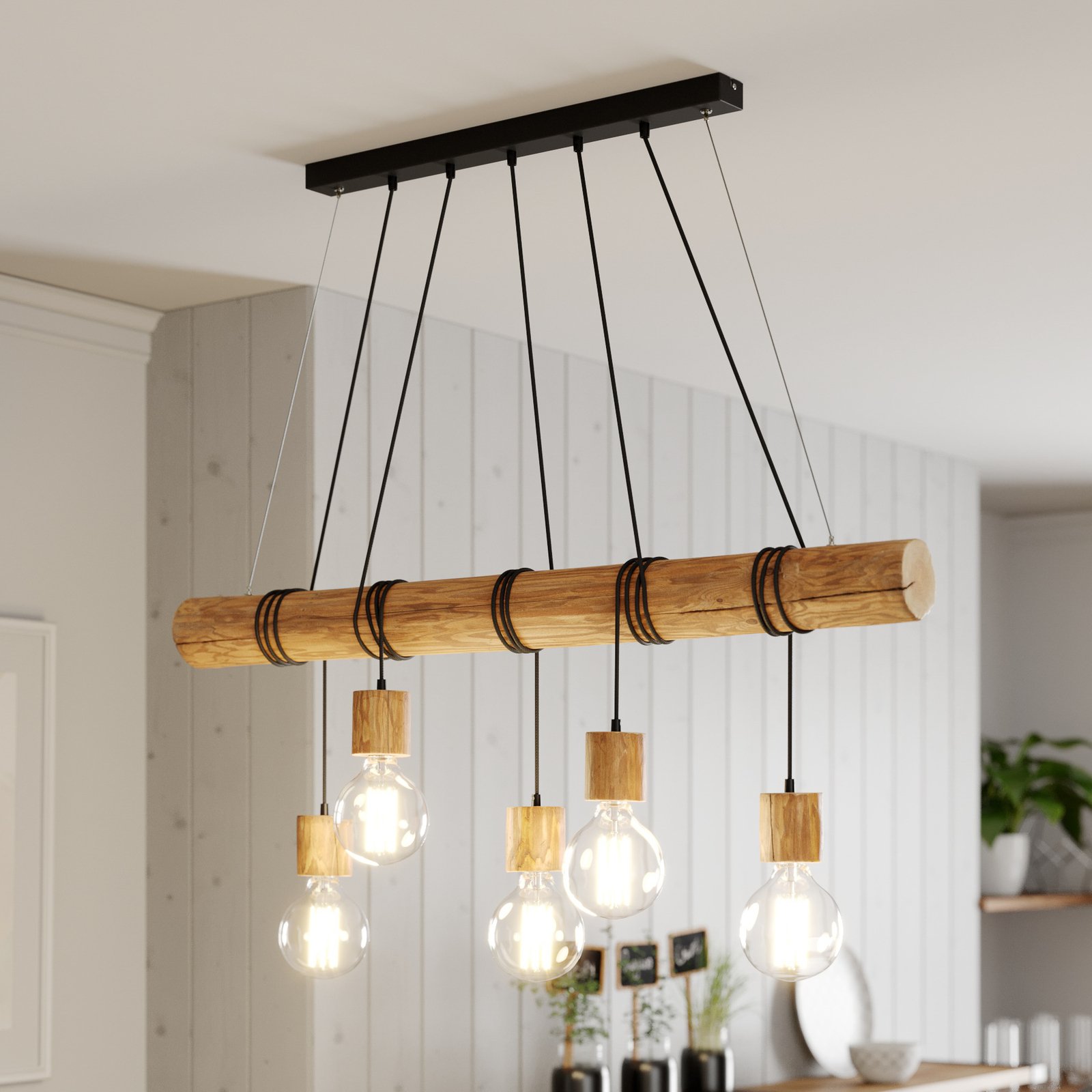 ingesteld Trein Conceit Envolight Terra hanglamp houten balk licht 5-lamps | Lampen24.be