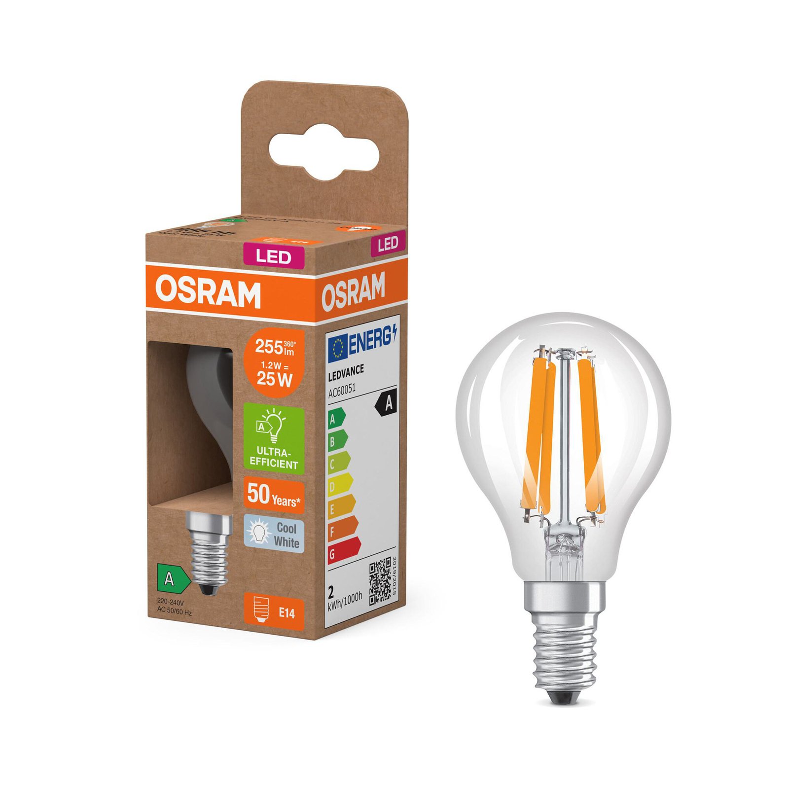 OSRAM LED lemputės lašas E14 1,2W su siūlu 4000K 255lm