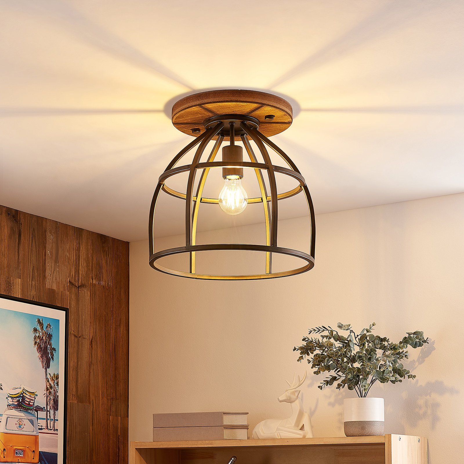Rutger Round Plafonnier Wood/Black - Lindby