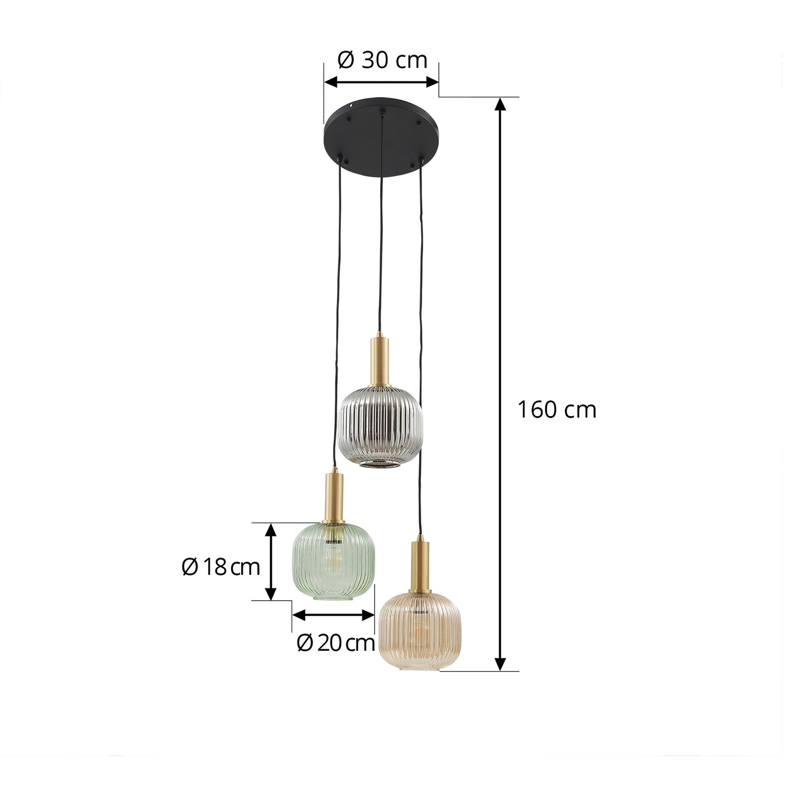 Lindby Doroteo hanglamp, 3-lamps, groen/amber/grijs, glas