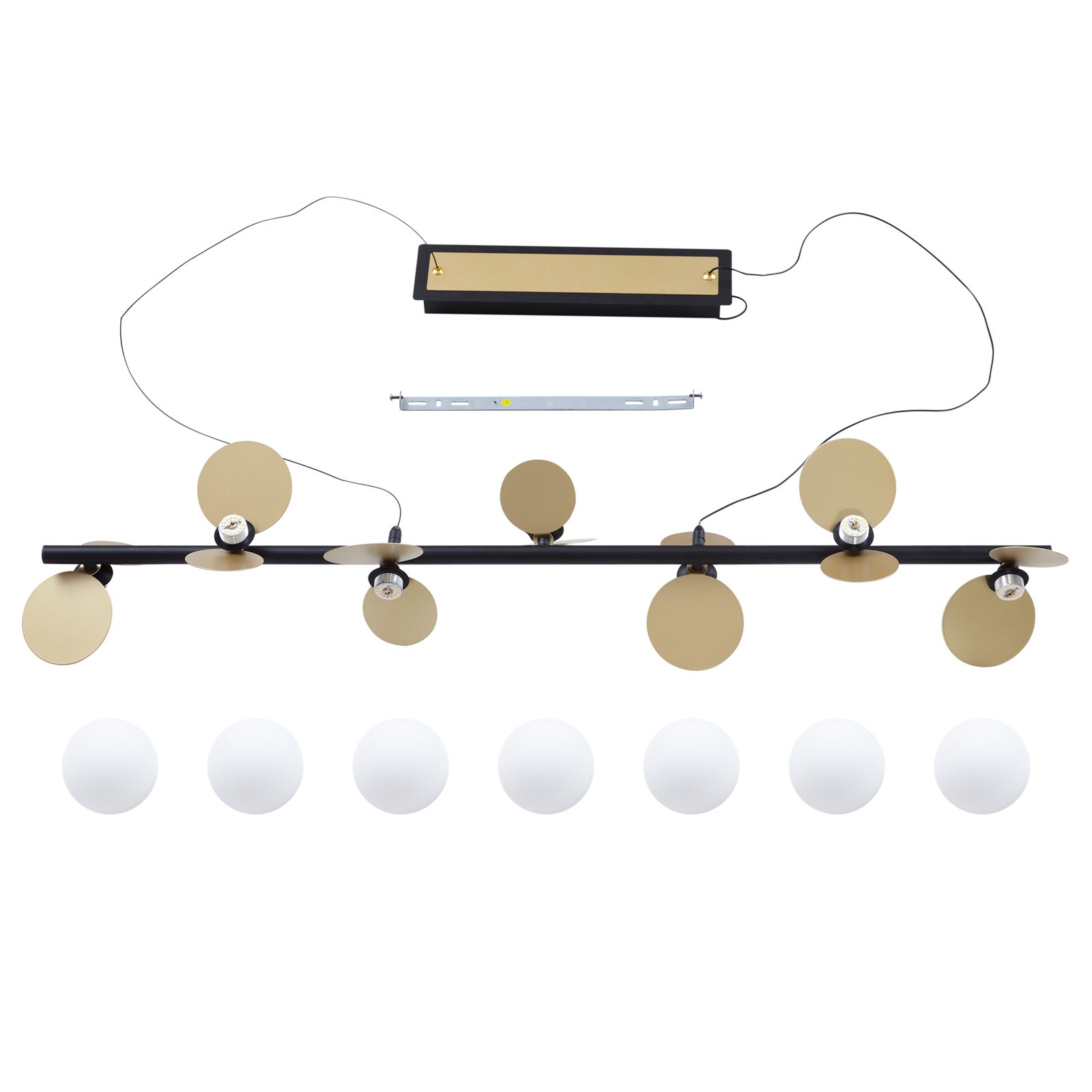 Lucande Pallo LED hanging light, linear, 7-bulb, black/gold