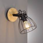 Die wall light with wood finish and cage lampshade