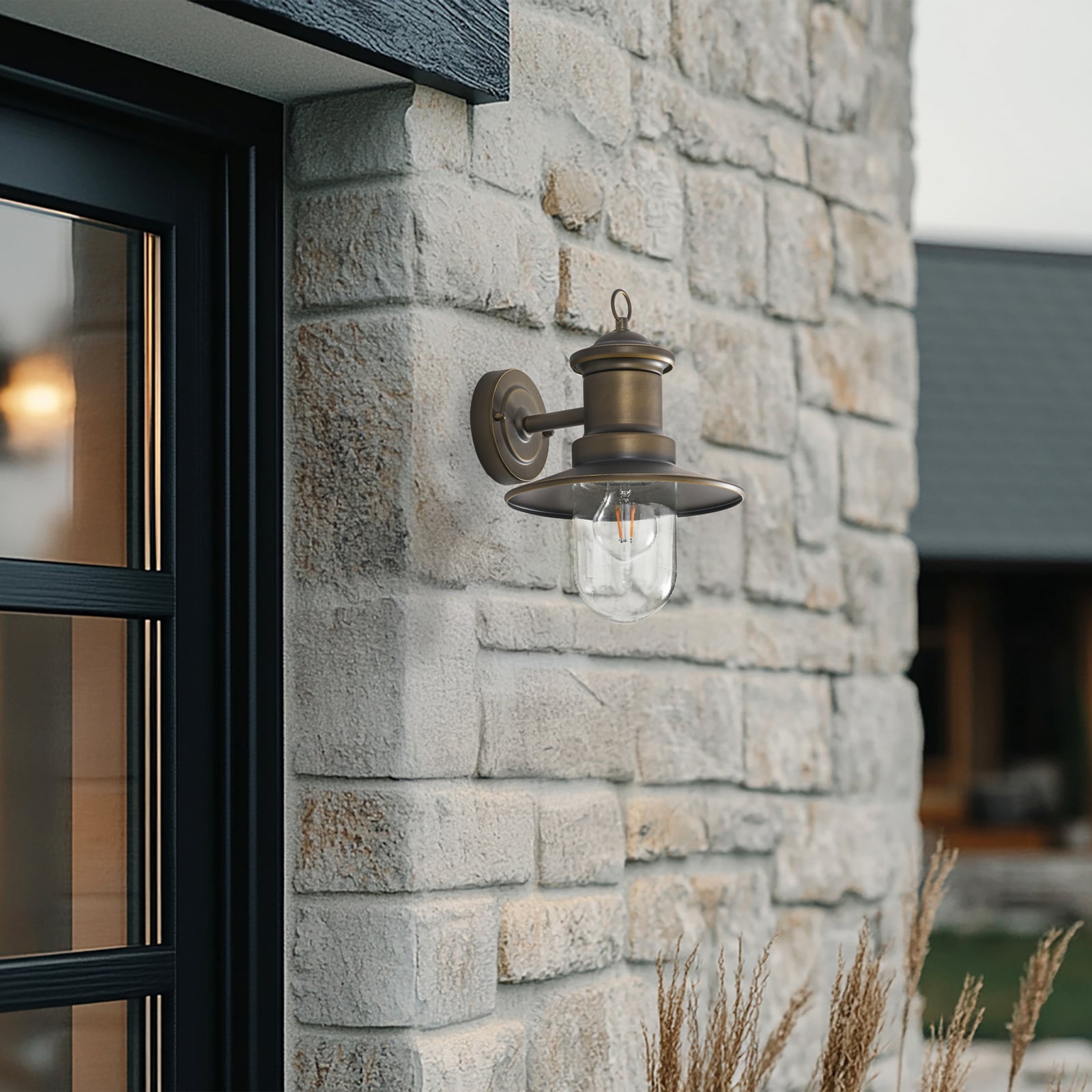 Kinkiet Lindby Eloretta, mosiądz antyczny, stal, IP44, E27