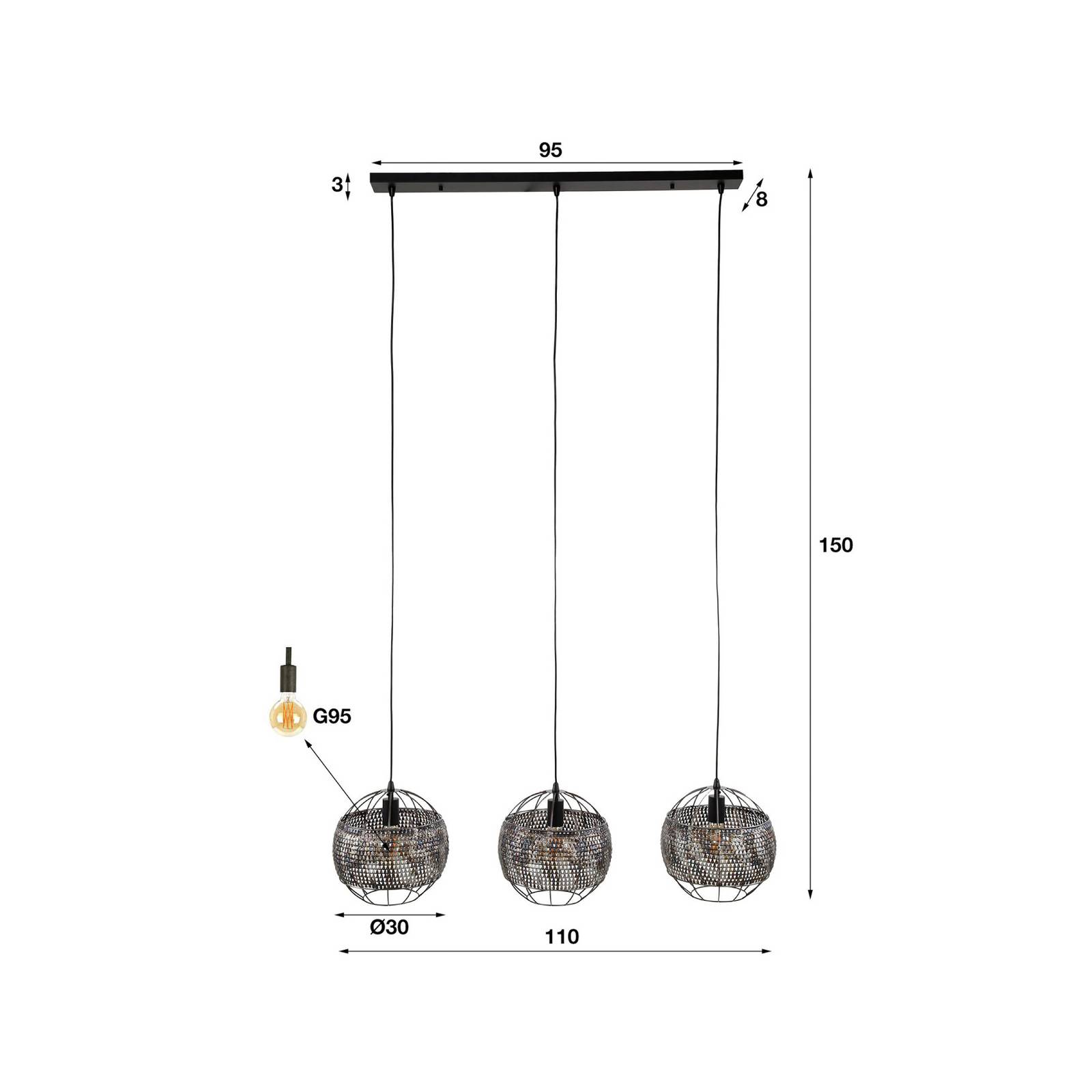 Otwarta lampa wisząca Setengah, 3-punktowa, czarno-brązowa, metalowa