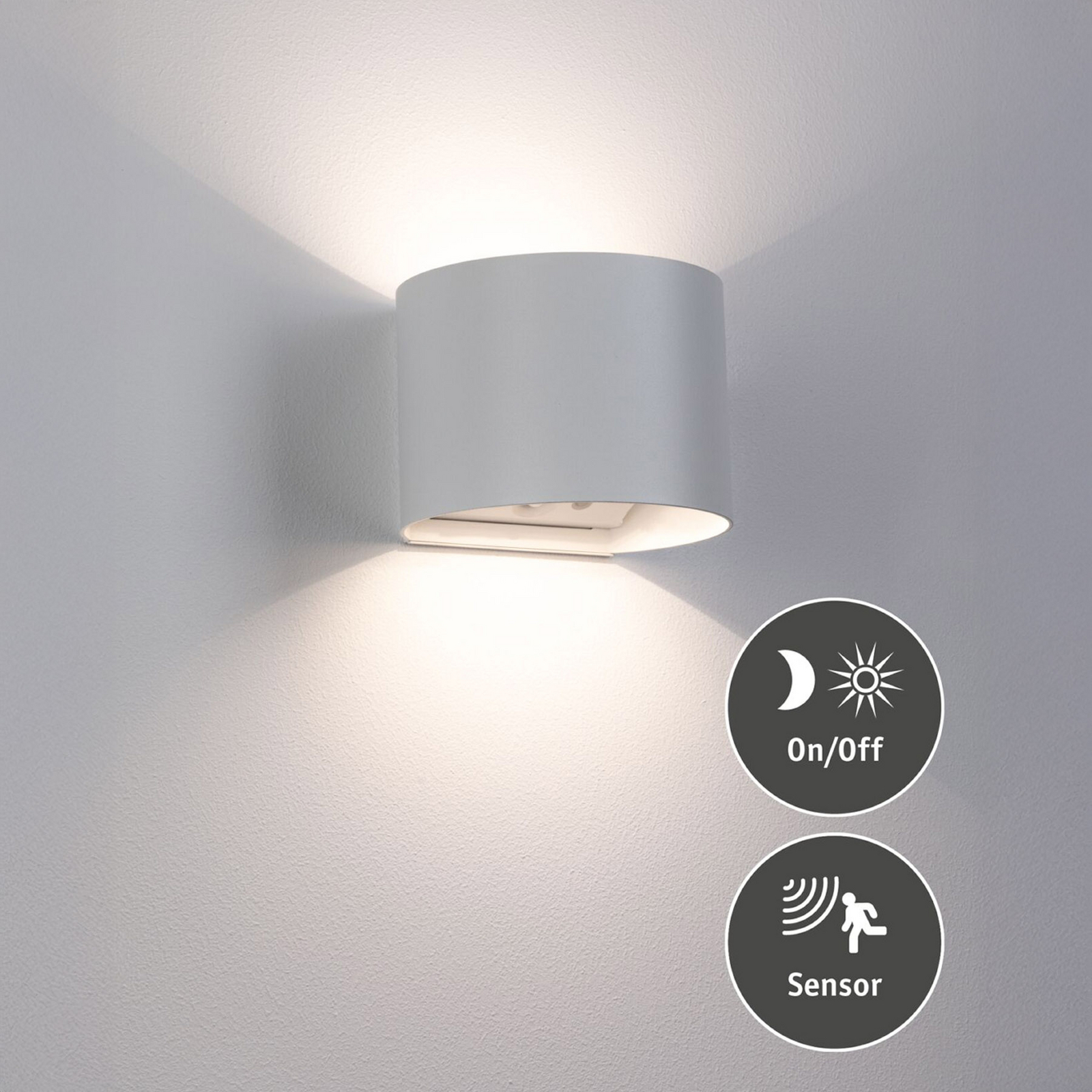Paulmann Akku-Außenwandlampe Nyora, weiß, 14 cm, Sensor IP44
