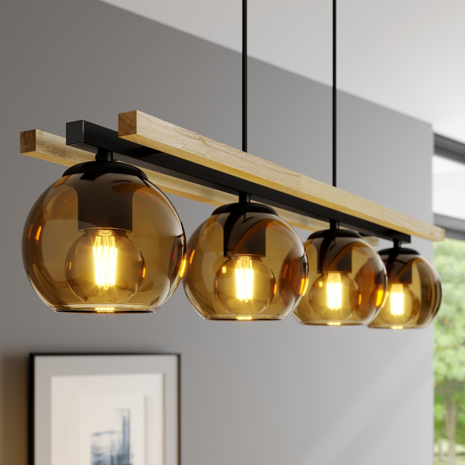 Lindby Enrique balk hanglamp, amber, 4-lamps