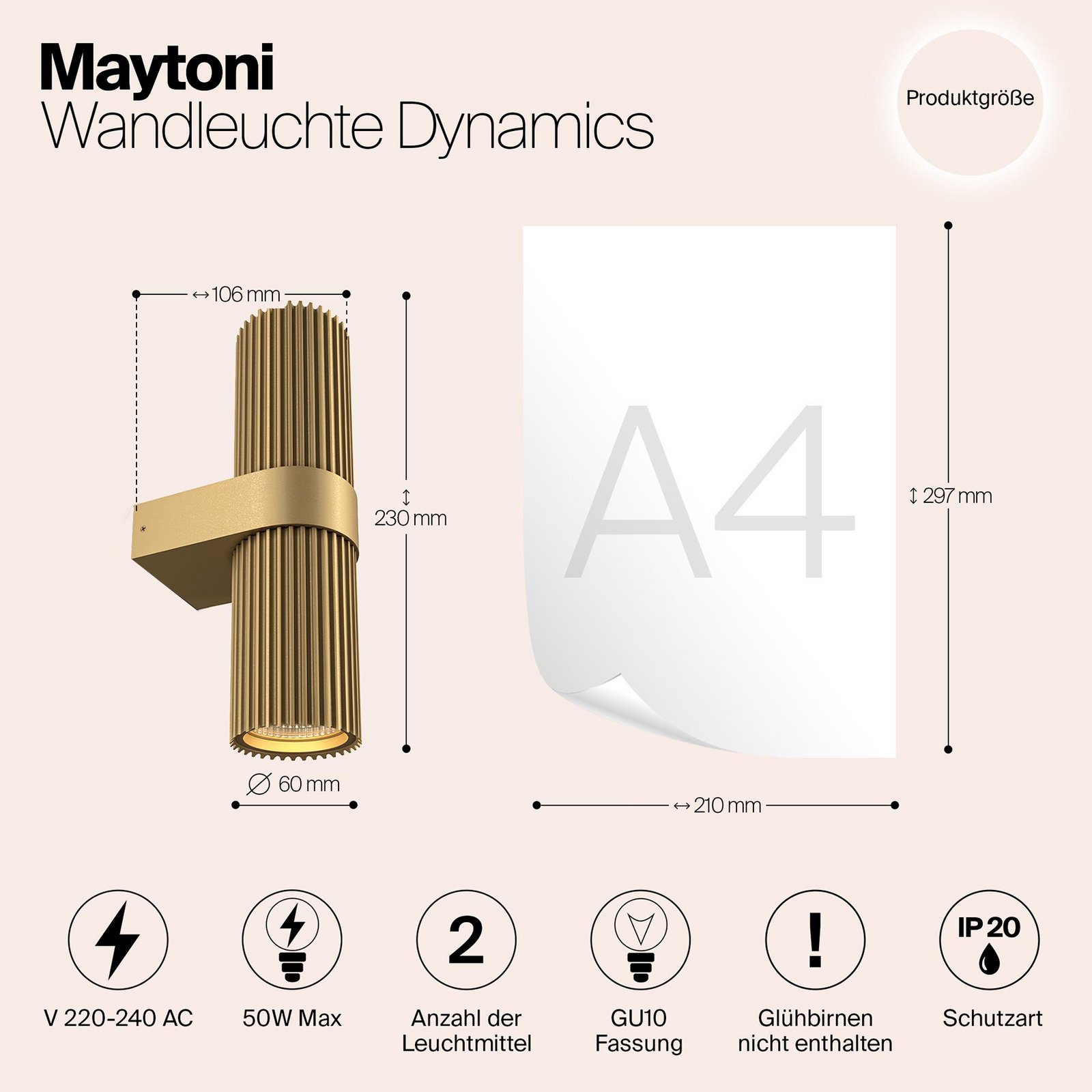 Aplique de Pared DYNAMICS, color dorado, altura 23 cm, metal arriba/abajo Aplique de Pared DYNAMICS, color dorado, altura 23 cm, metal arriba/abajo