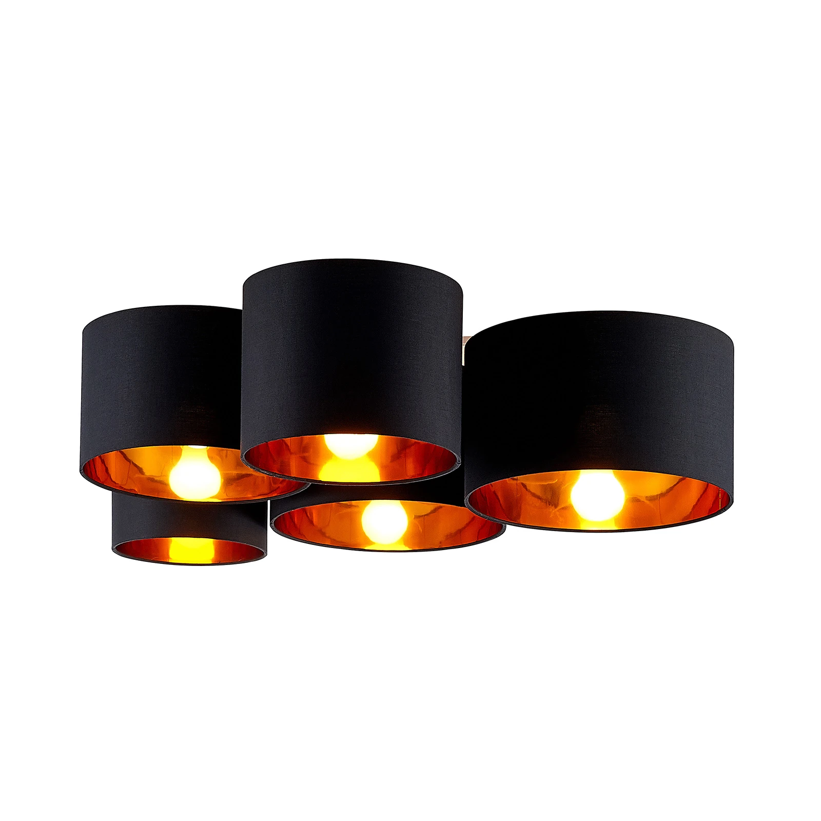 Lindby griestu lampa Laurenz, 5 spīdes, melna/zelta, tekstils