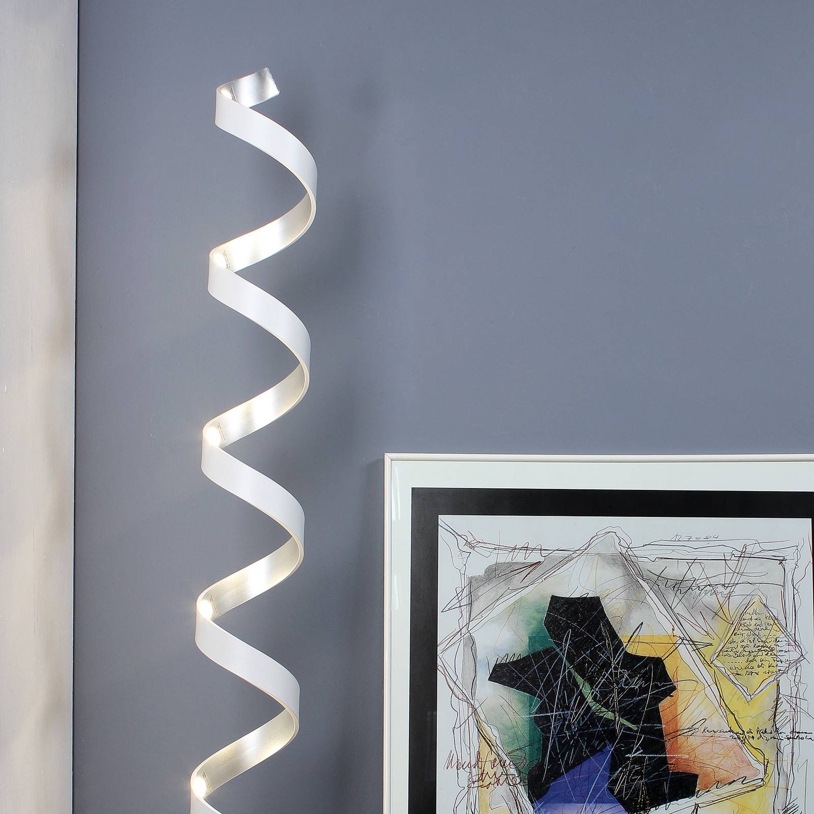 Lampadaire LED Helix hauteur 152 cm, blanc-argenté