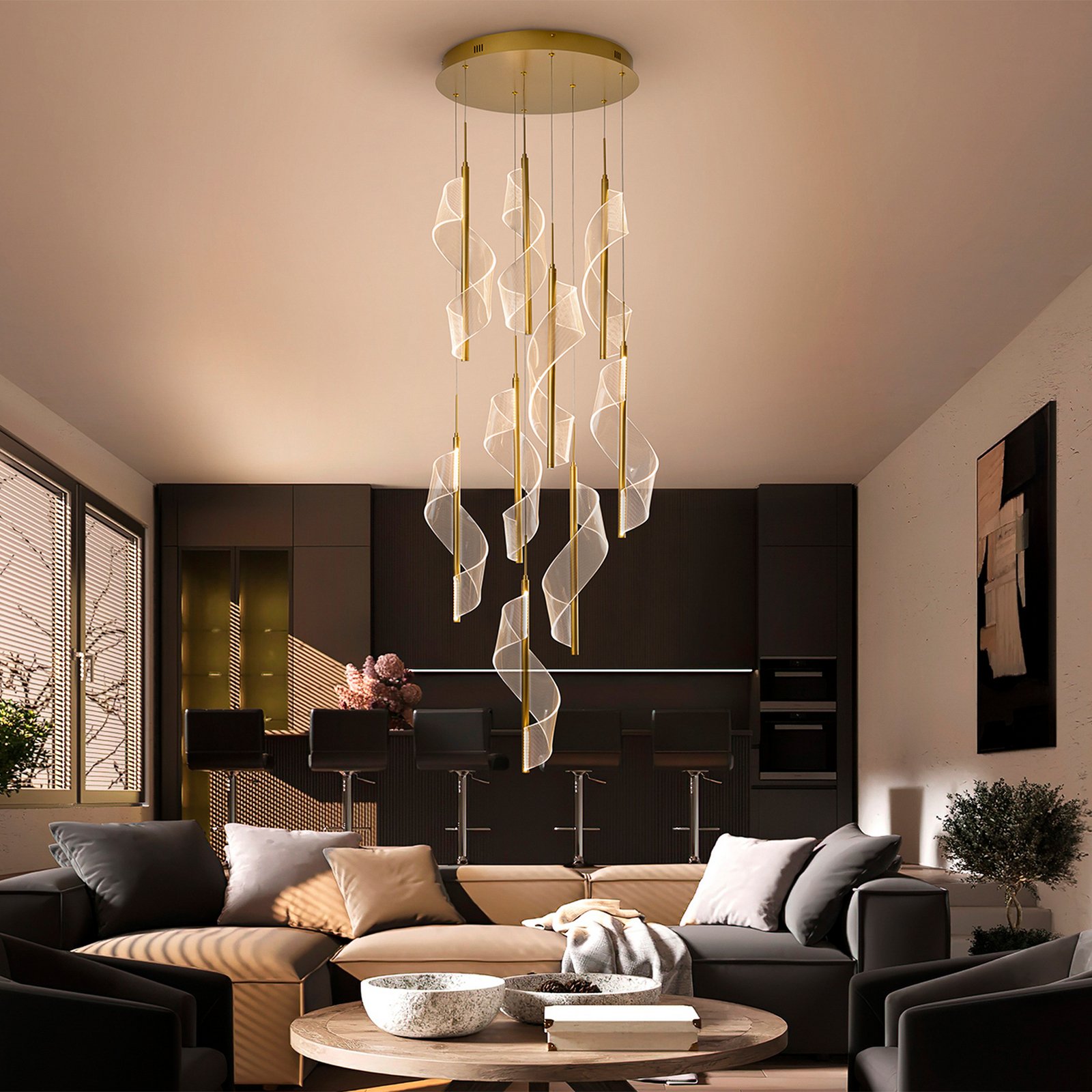 Velas 9-bulb LED pendant light, gold-coloured, metal, plastic