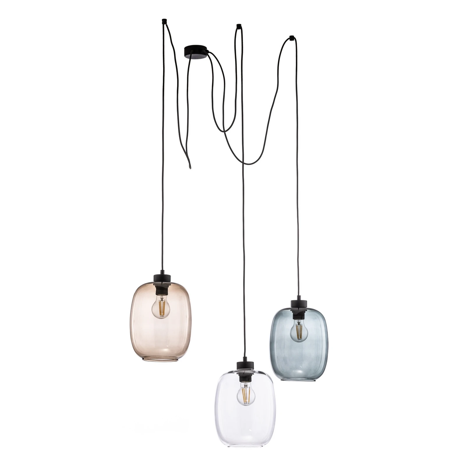 Hanglamp Elio, glas, bruin/helder/grijs, 3-lamps, decentraal