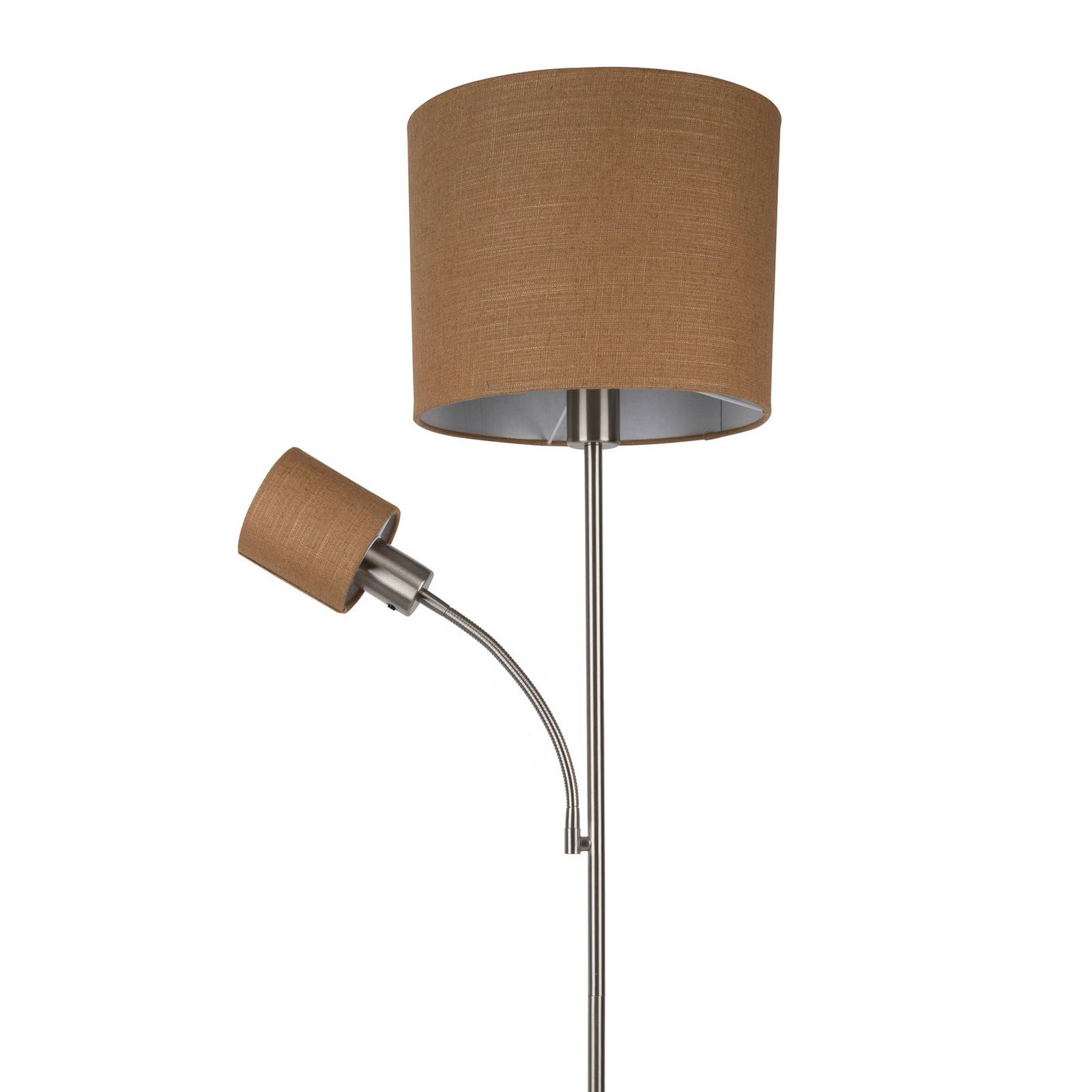 Lampa podłogowa Filomena, brązowo-srebrna, tekstylna, z ramieniem do czytania,