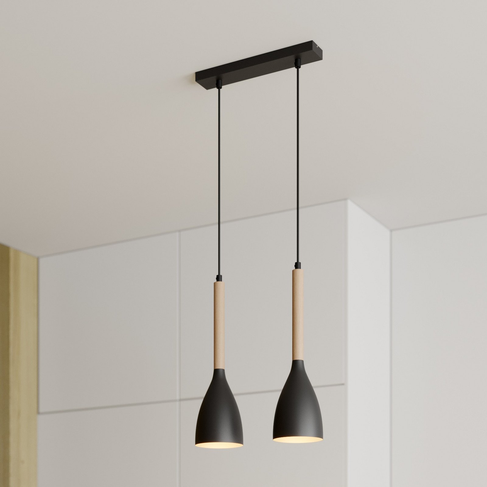 Luminex Lampă suspendată Muza 2 becuri negru/lemn deschis - Camera de zi / sufragerie - Modern - negru auriu lemn deschis - Metal