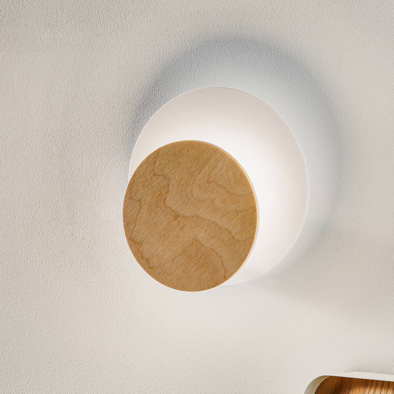 Wandlamp Circle in wit, decorplaat hout licht