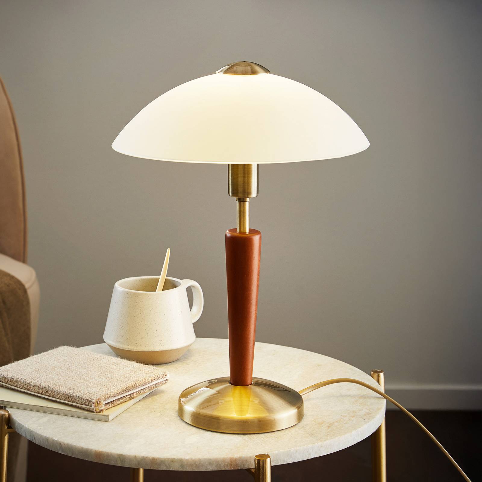 EGLO Lampe de table SOLO 1, brunie/noyer, hauteur 35 cm métal/verre à intensité