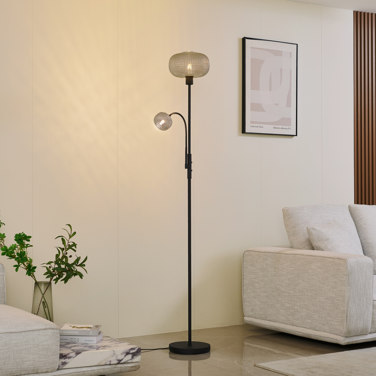 Lindby floor lamp Aliette, black/grey, glass, reading light