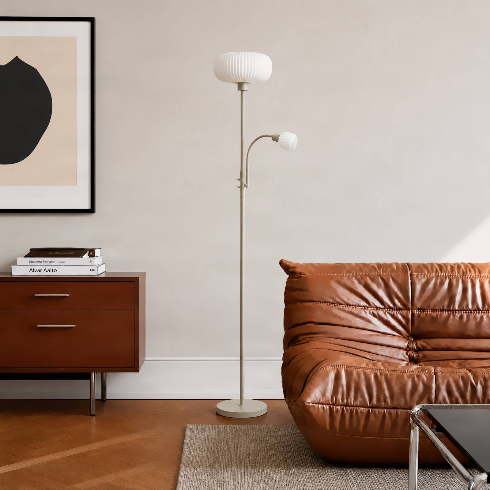 Lampa stojąca Lindby Ingrid, beżowo-biała, 175 cm, lampka do czytania