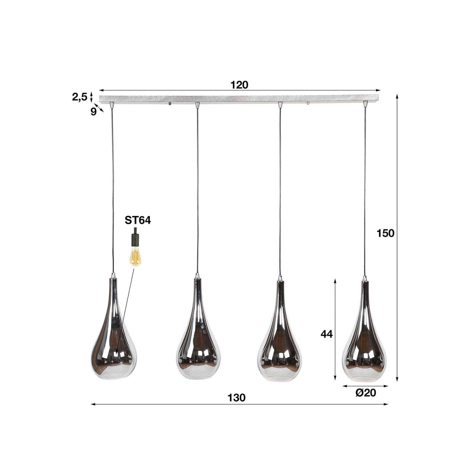 "Van Bergström" keturių lempučių stiklinis lašo formos pakabinamas