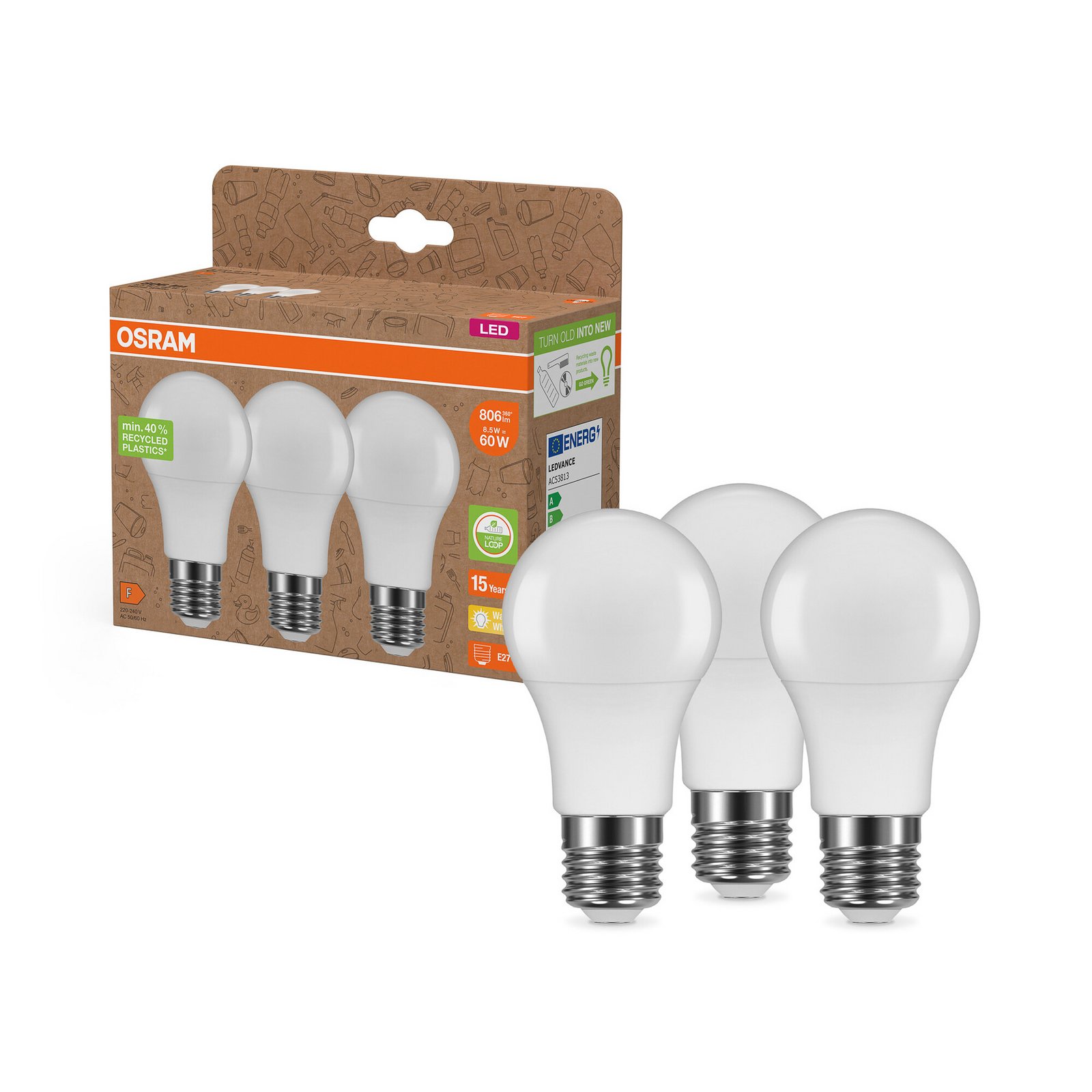 OSRAM Traditionell LED-lampa opal E27 8,5W 827 3-pack