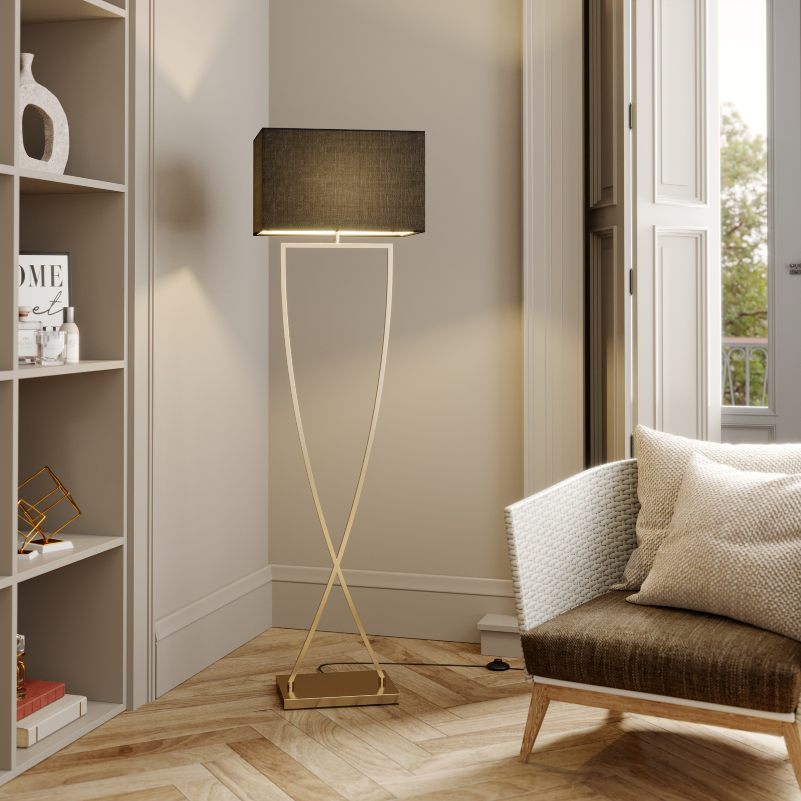 Lucande stāvlampa Evaine, misiņš/melns, 155 cm, E27 Lucande stāvlampa Evaine, misiņš/melns, 155 cm, E27