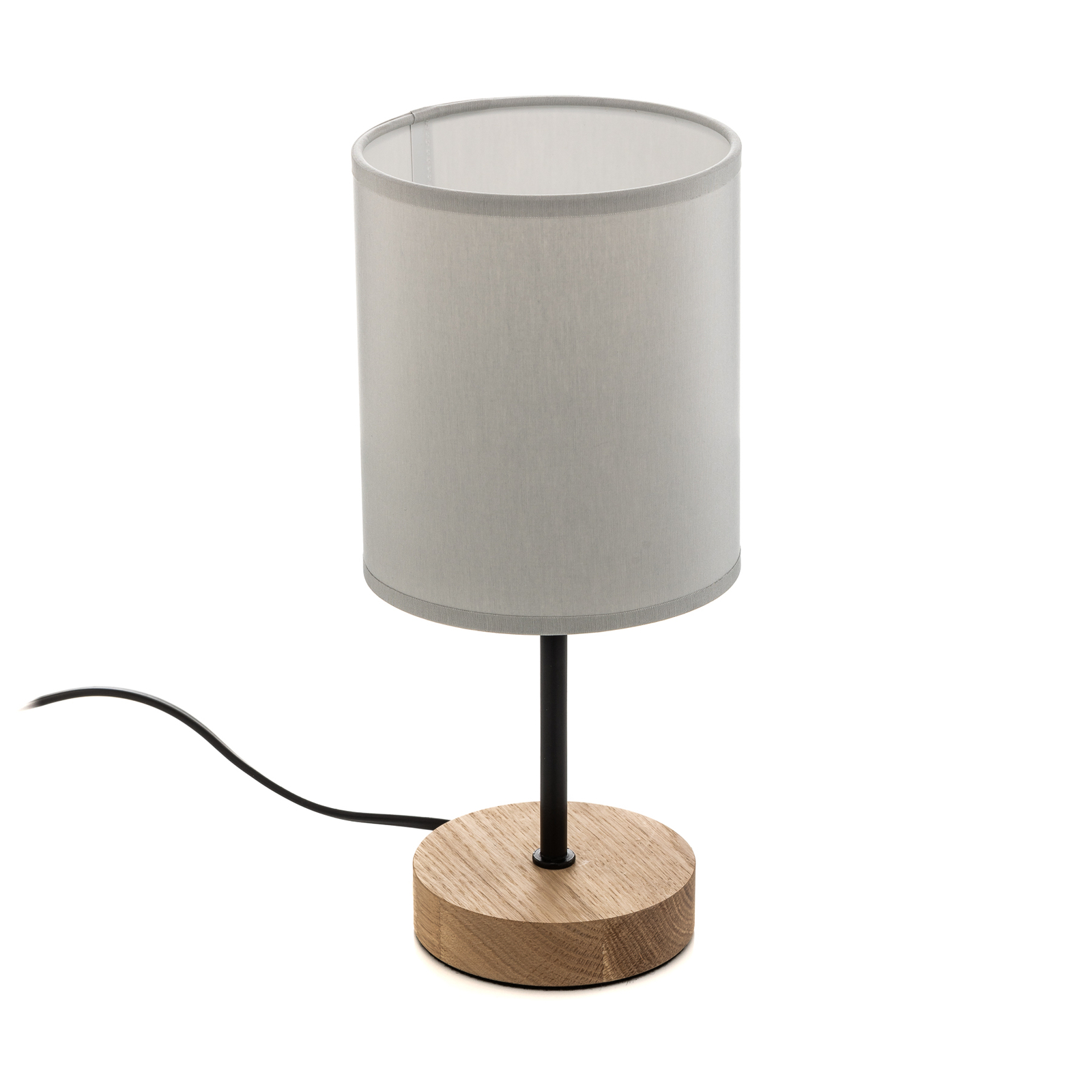 Tafellamp Corralee, hout en grijze stoffen kap