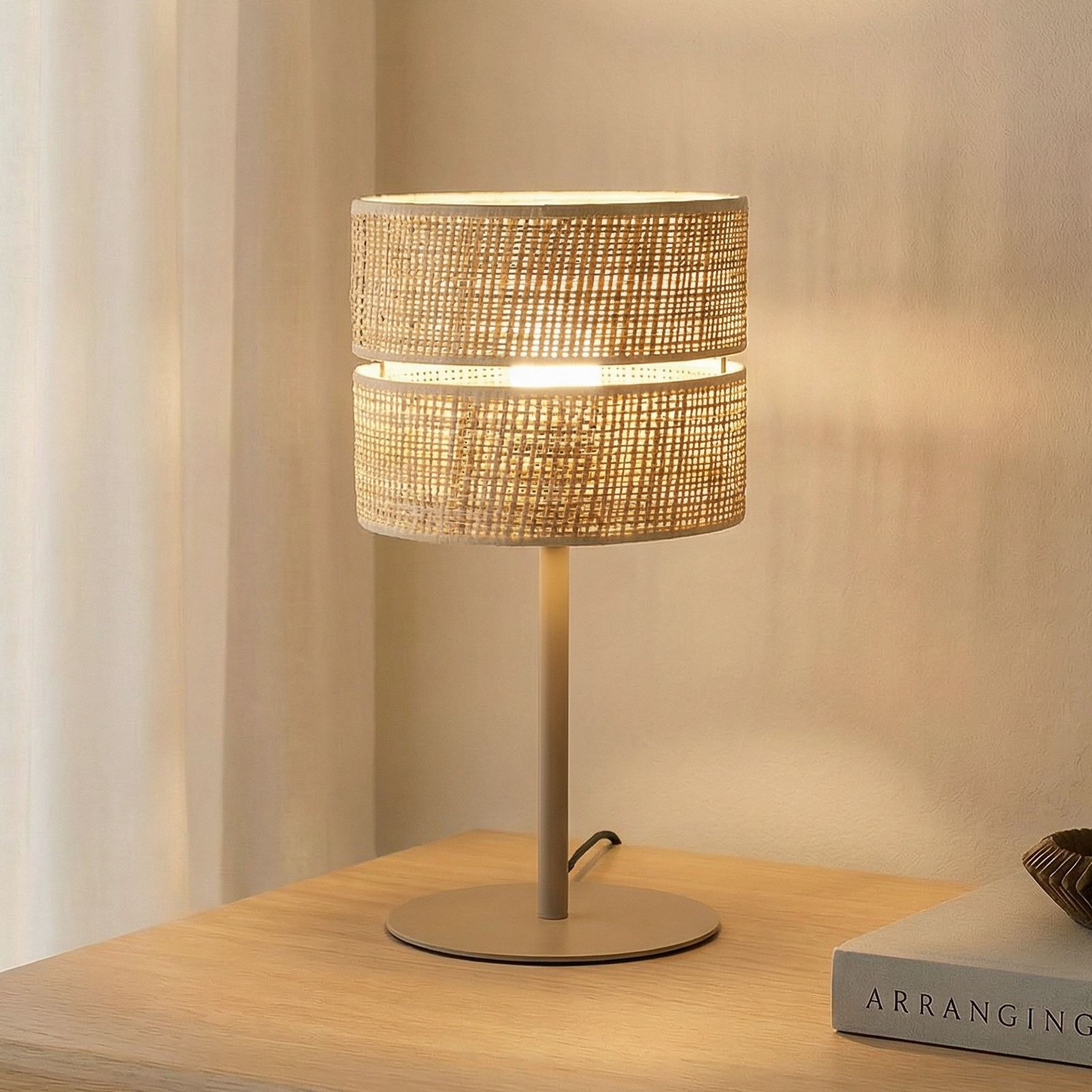 Lampe à poser Calma, beige, raphia, hauteur 38 cm, E27