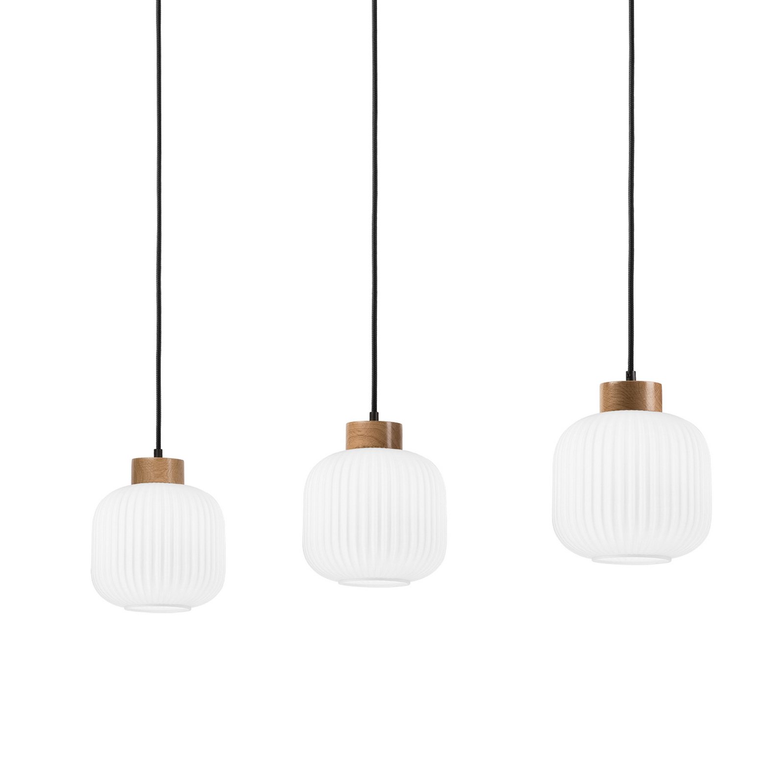 Harmony hanging light, length 110 cm, opal glass, oak, 3-bulb.