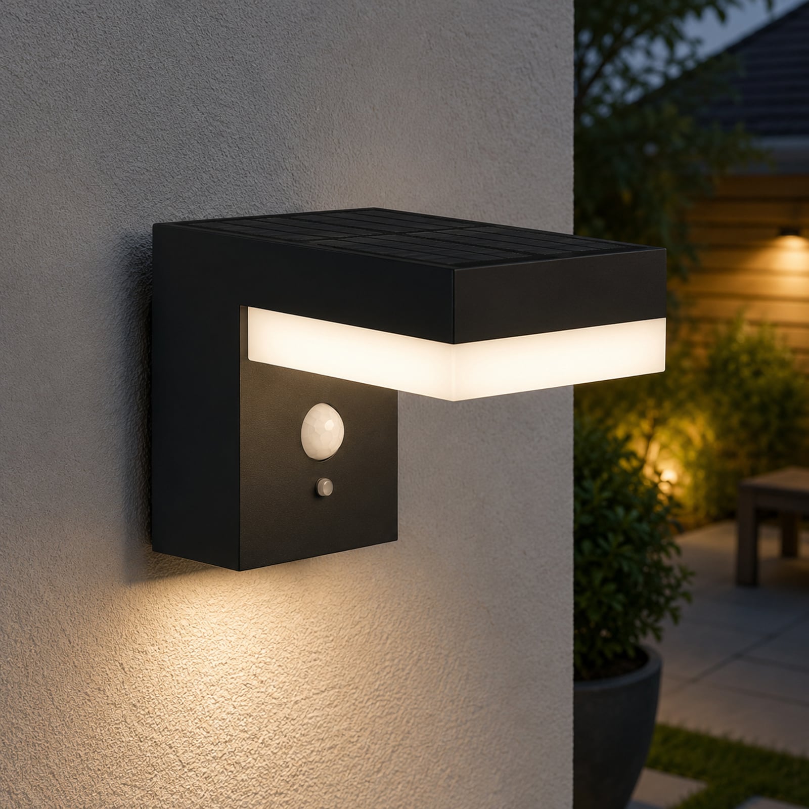 Cenova LED solar wall lamp, black, width 16 cm, sensor