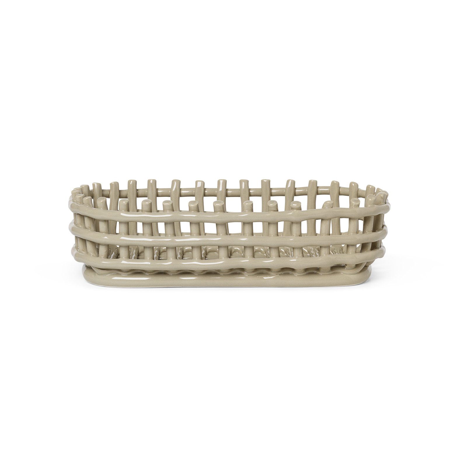 ferm LIVING Cesta de cerámica, ovalada, beige, longitud 30 cm, cerámica