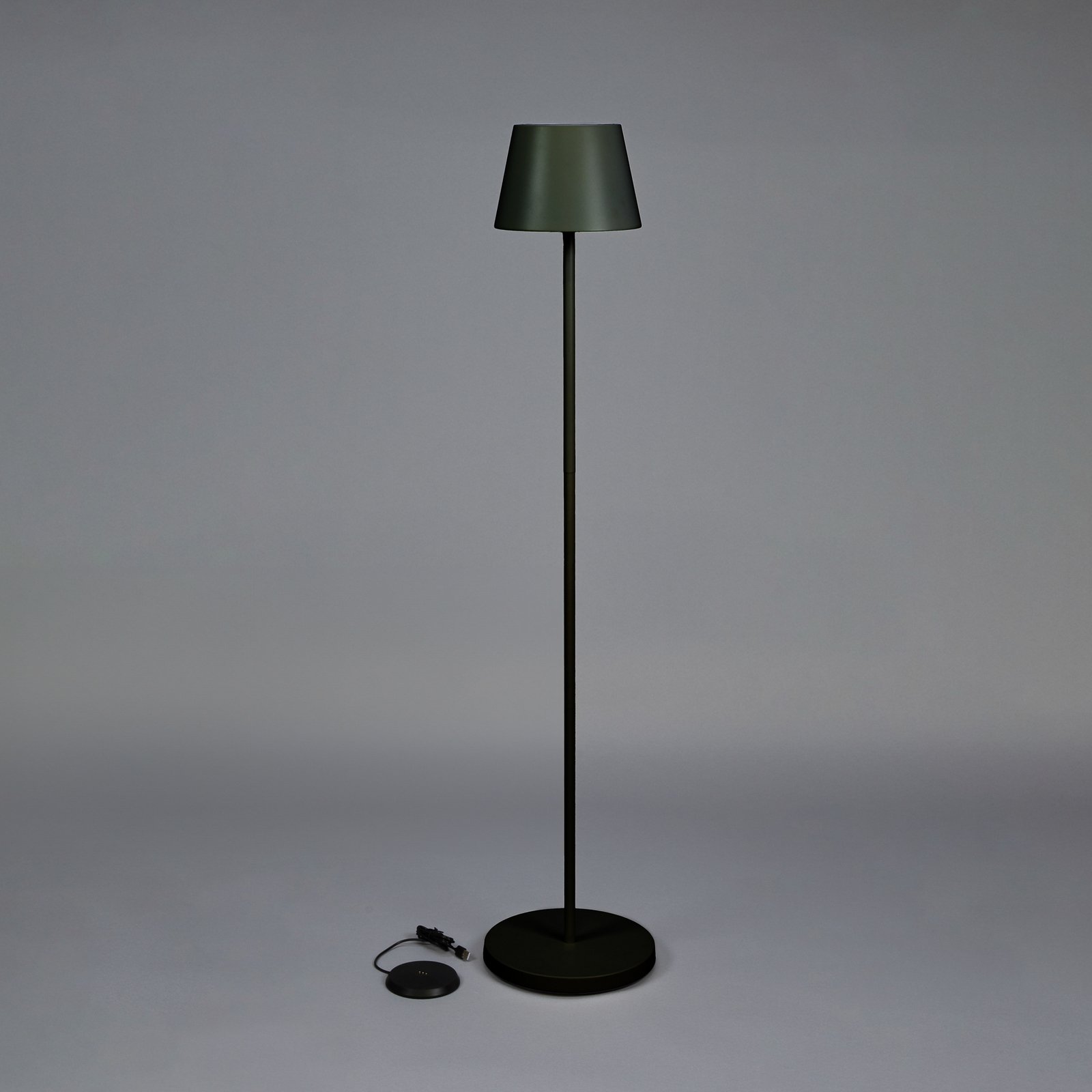 LED-akku-gulvlampe Pomezia, svart, 124 cm, IP54, USB