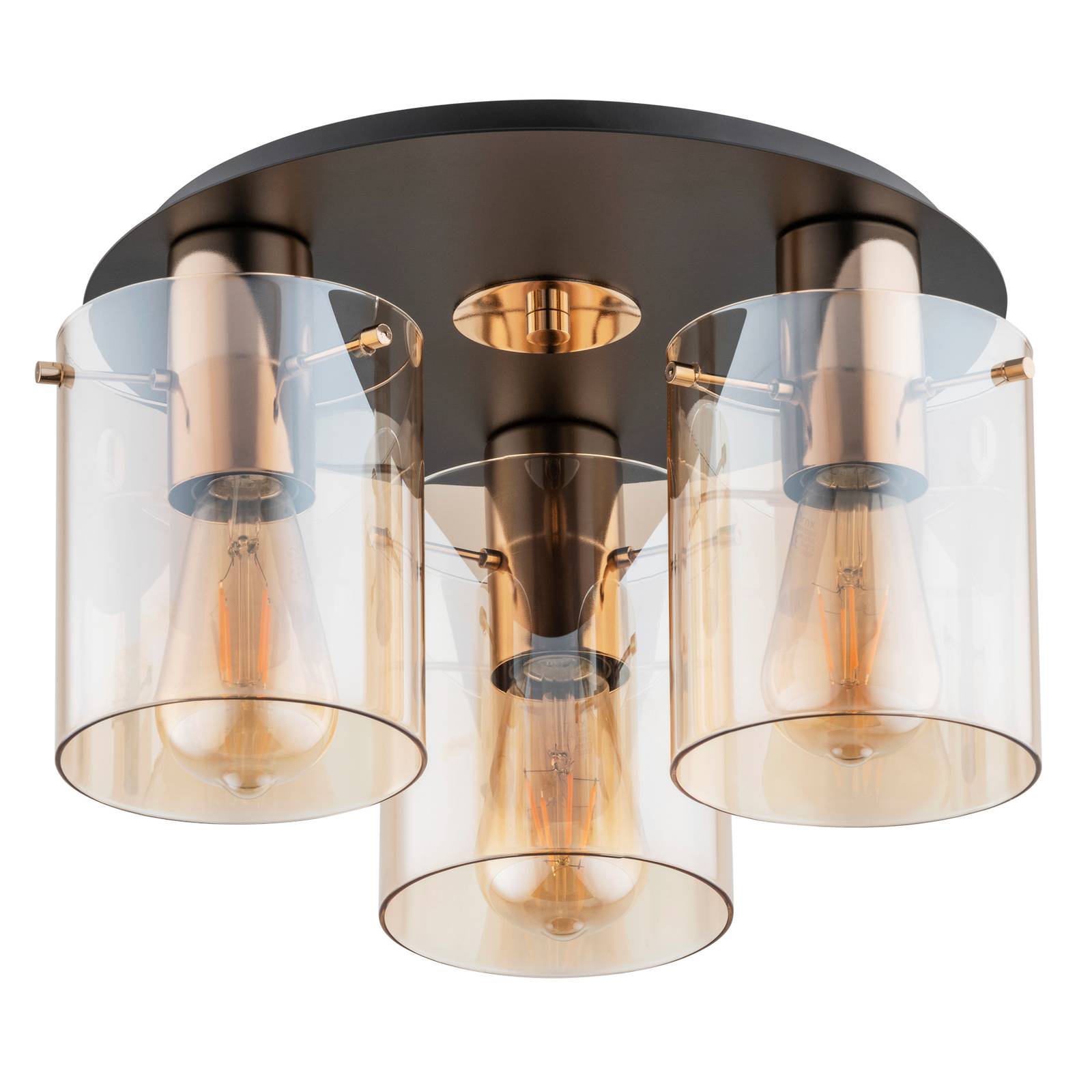 Euluna Atman ceiling light, 3-bulb, black/gold, for Living / Dining Room, glass, metal, E27, 60 W, H: 22 cm