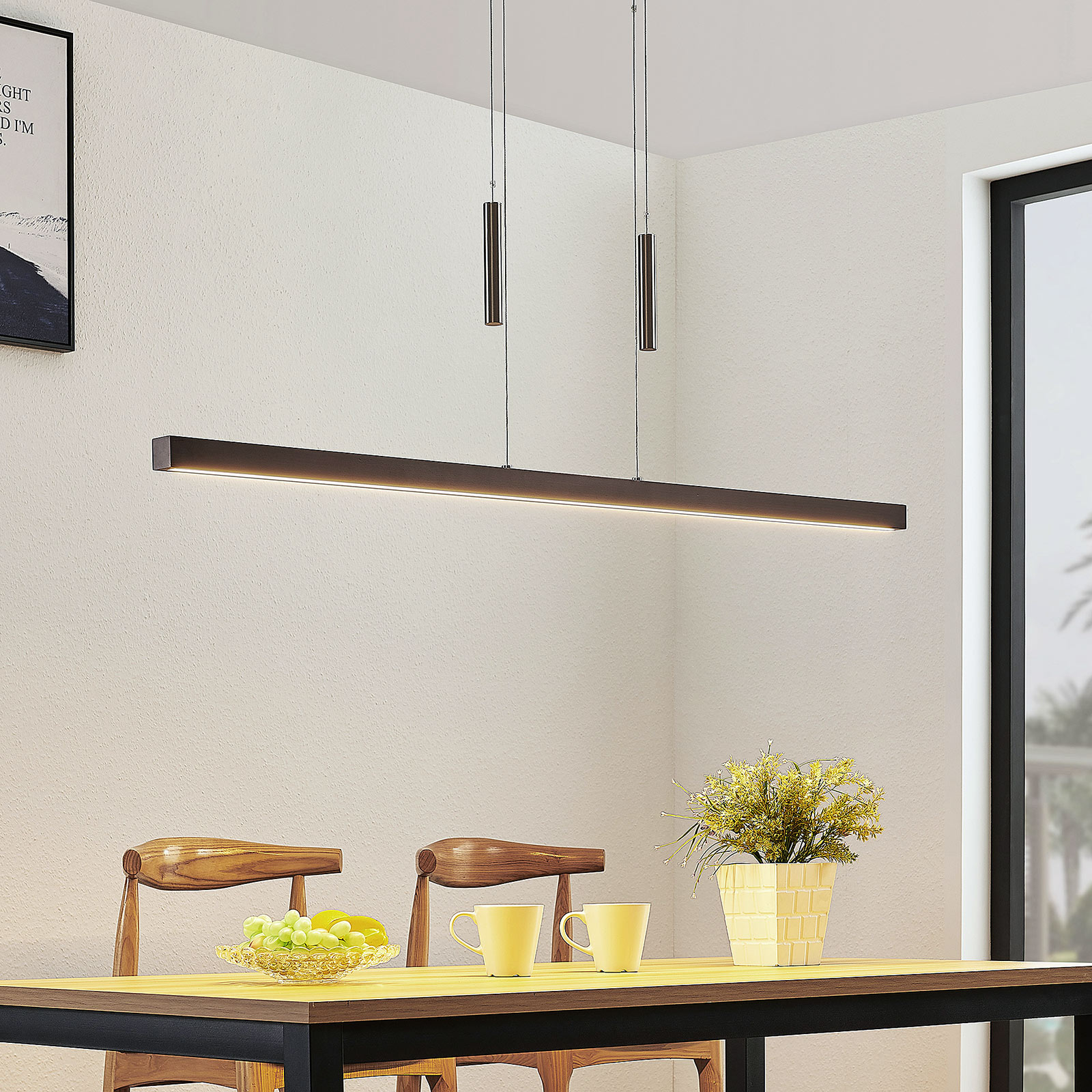 Lucande Tamlin LED wooden linear pendant lamp black walnut, for Living / Dining Room, wood, metal, 30 W, energy efficiency: A+, L: 140 cm, W: 4 cm, H: 4 cm