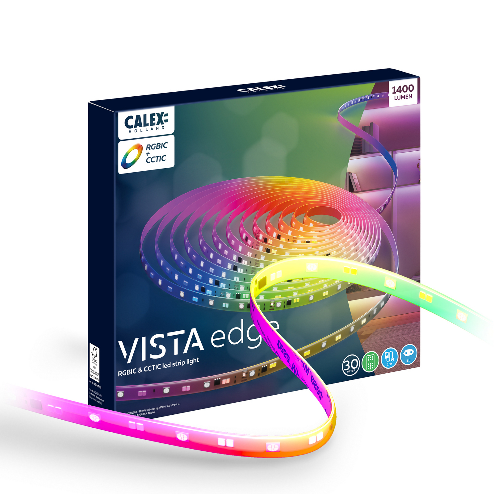 Bandă LED Calex Vista, lungime 30 m, RGB, telecomandă CCT
