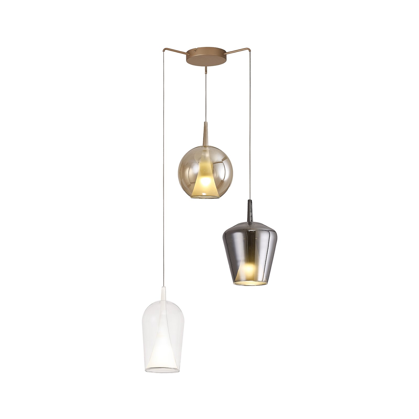 Hanglamp Elsa, glas, 3-lamps, helder, brons, chroom