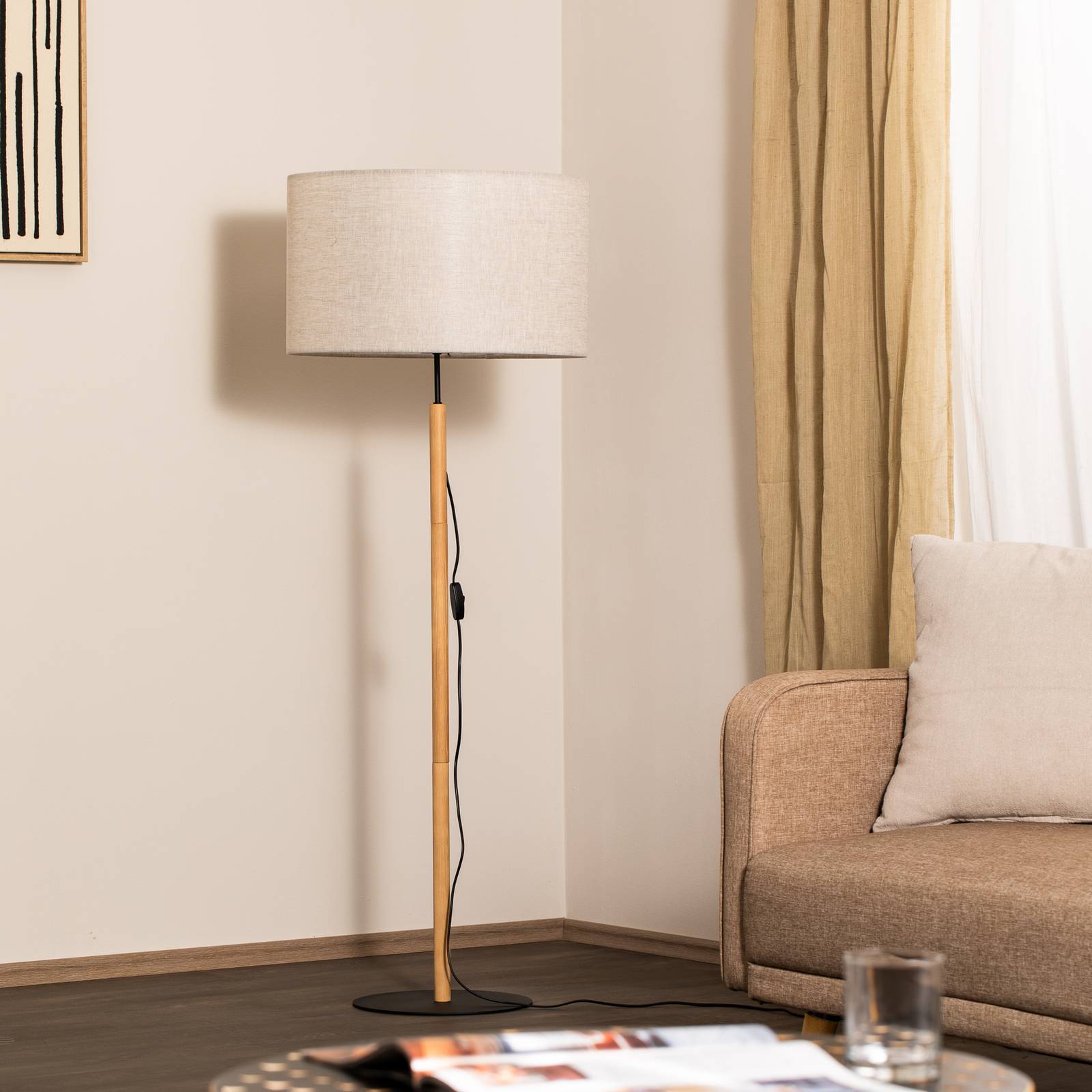 Stehleuchte Deva Nature, Textil, Holz günstig online kaufen