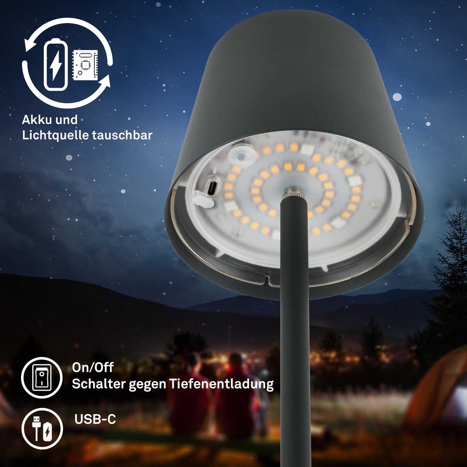 Coloris LED rechargeable floor lamp, black, RGB, dimmable, IP44, USB