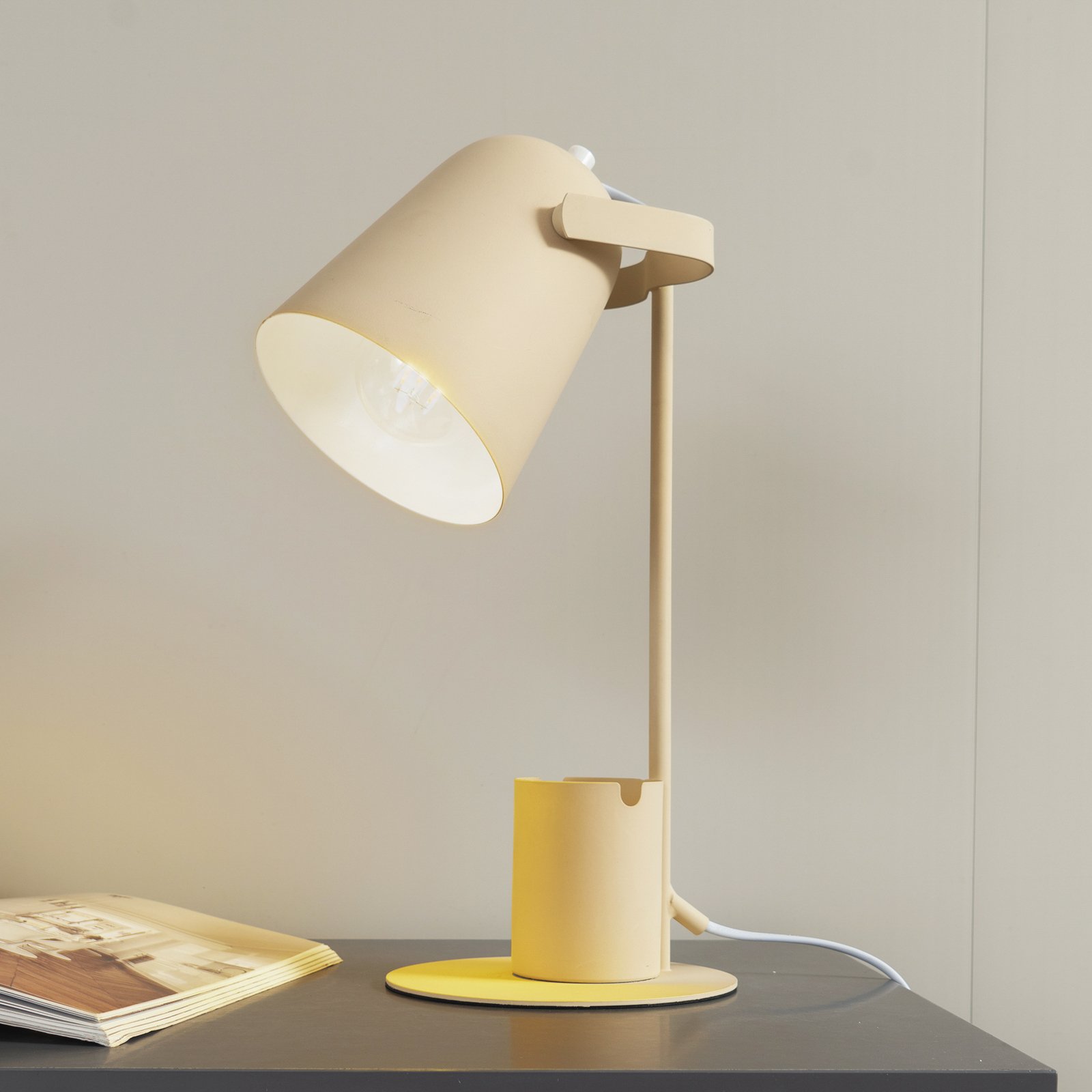 Lindby lampe à poser Ilmar, beige/blanc, métal, Ø 12 cm