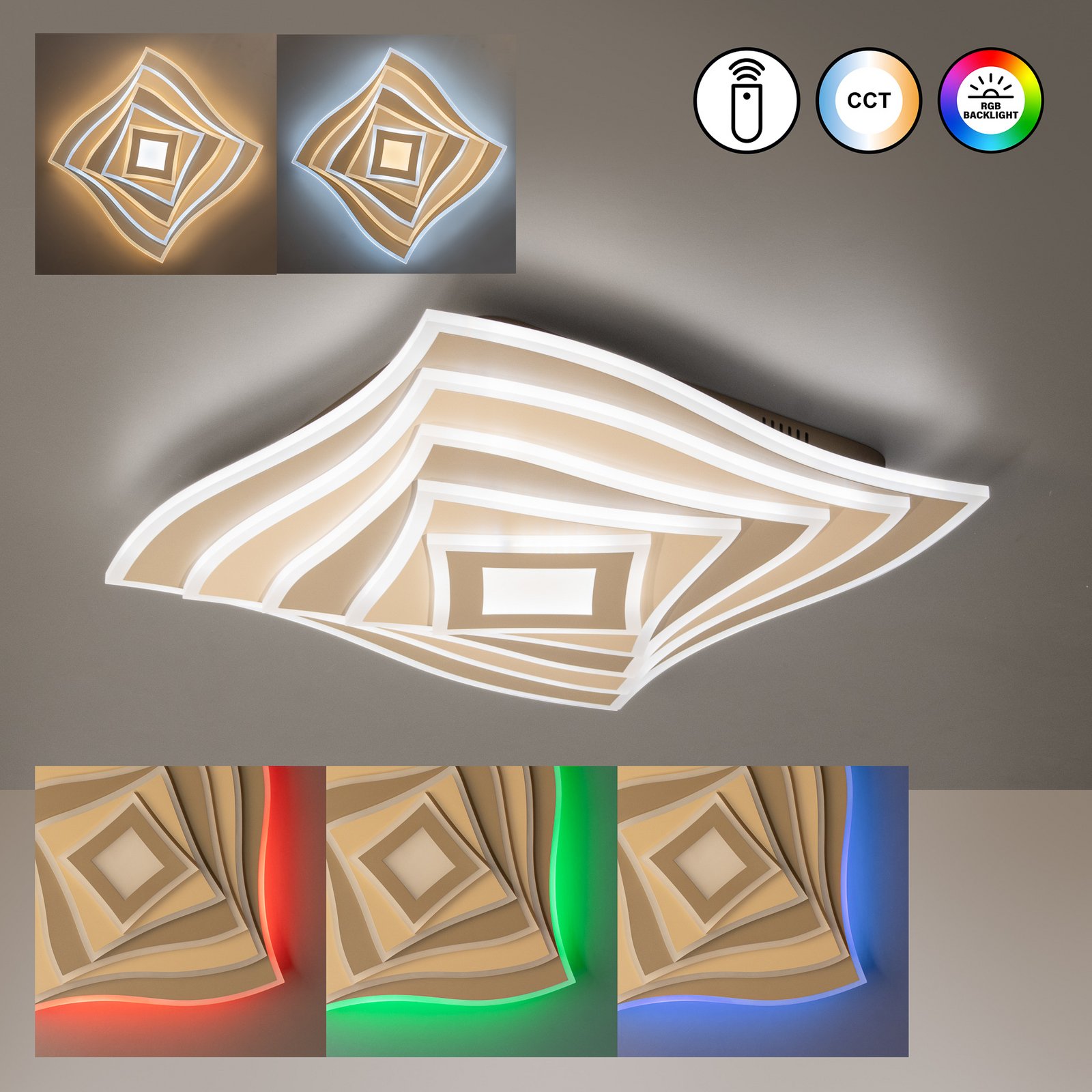 Lámpara LED de techo HERO, gris claro, 50 x 50 cm, control remoto CCT atenuable Lámpara LED de techo HERO, gris claro, 50 x 50 cm, control remoto CCT atenuable