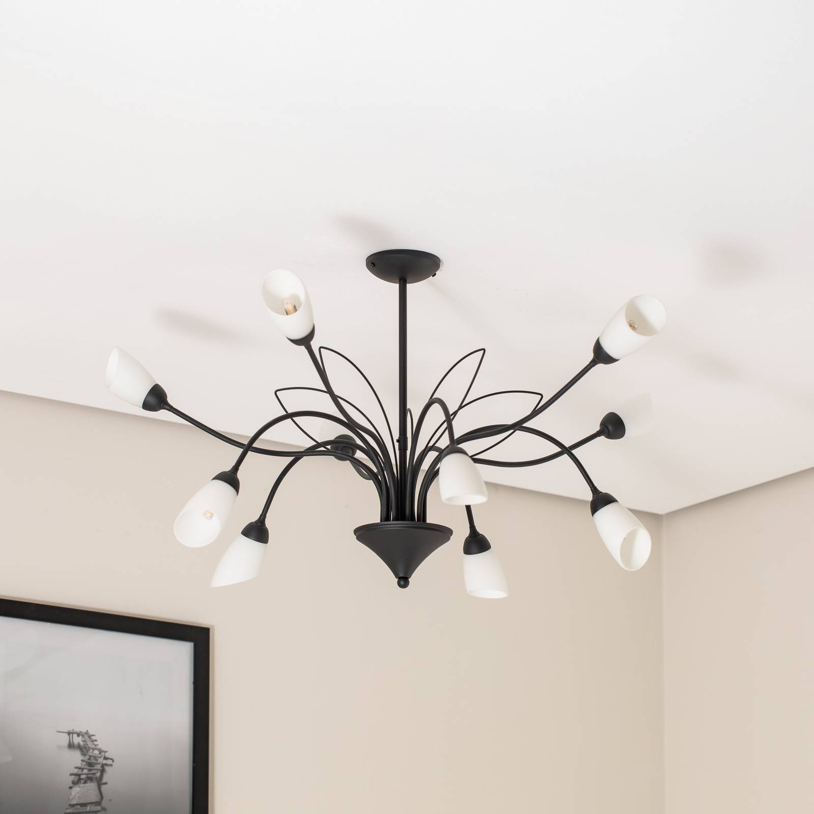 Lampa sufitowa Gloriosa, szklana, czarna, 10-punktowa