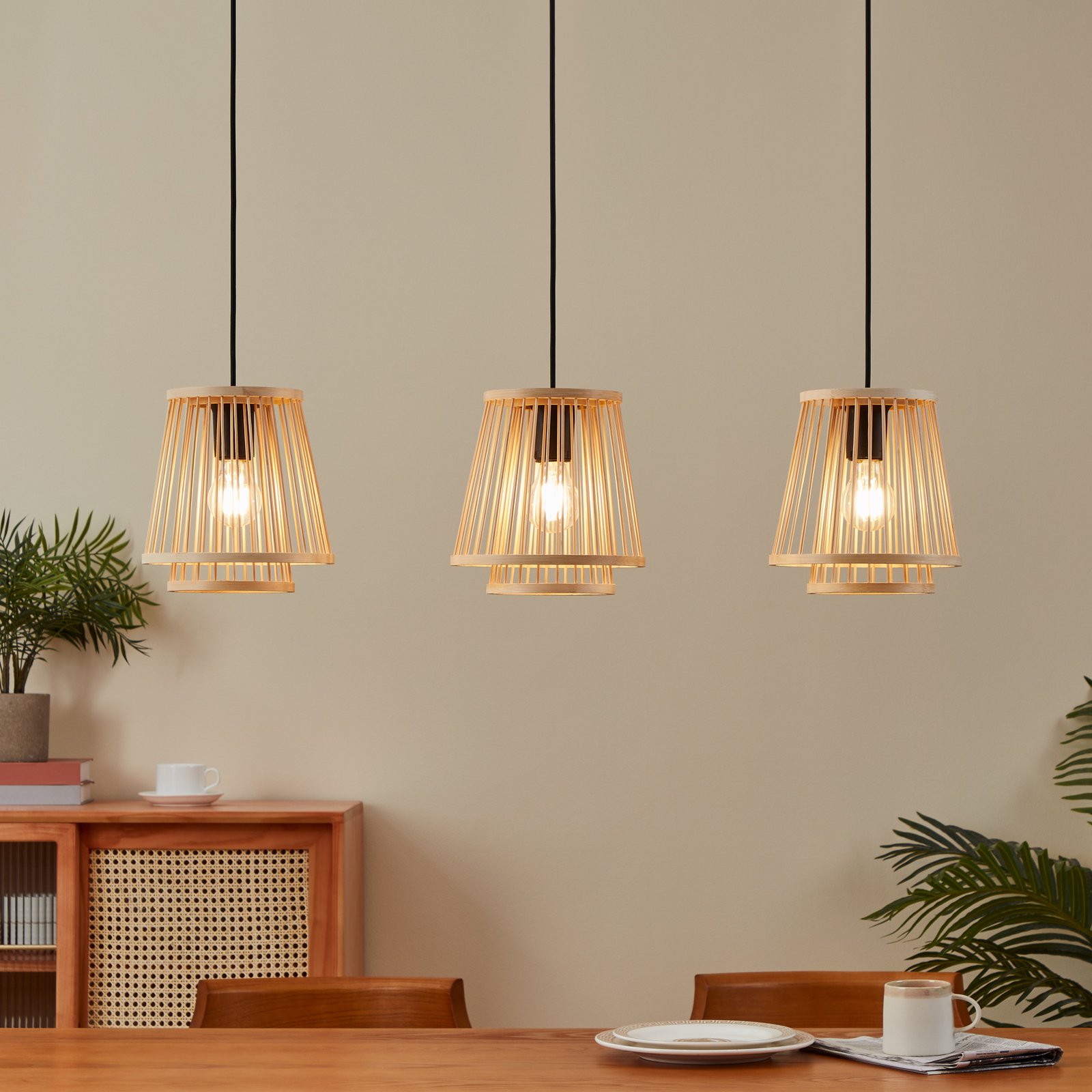 Suspension Hykeham, longueur 91 cm, naturel, 3 lampes, bambou