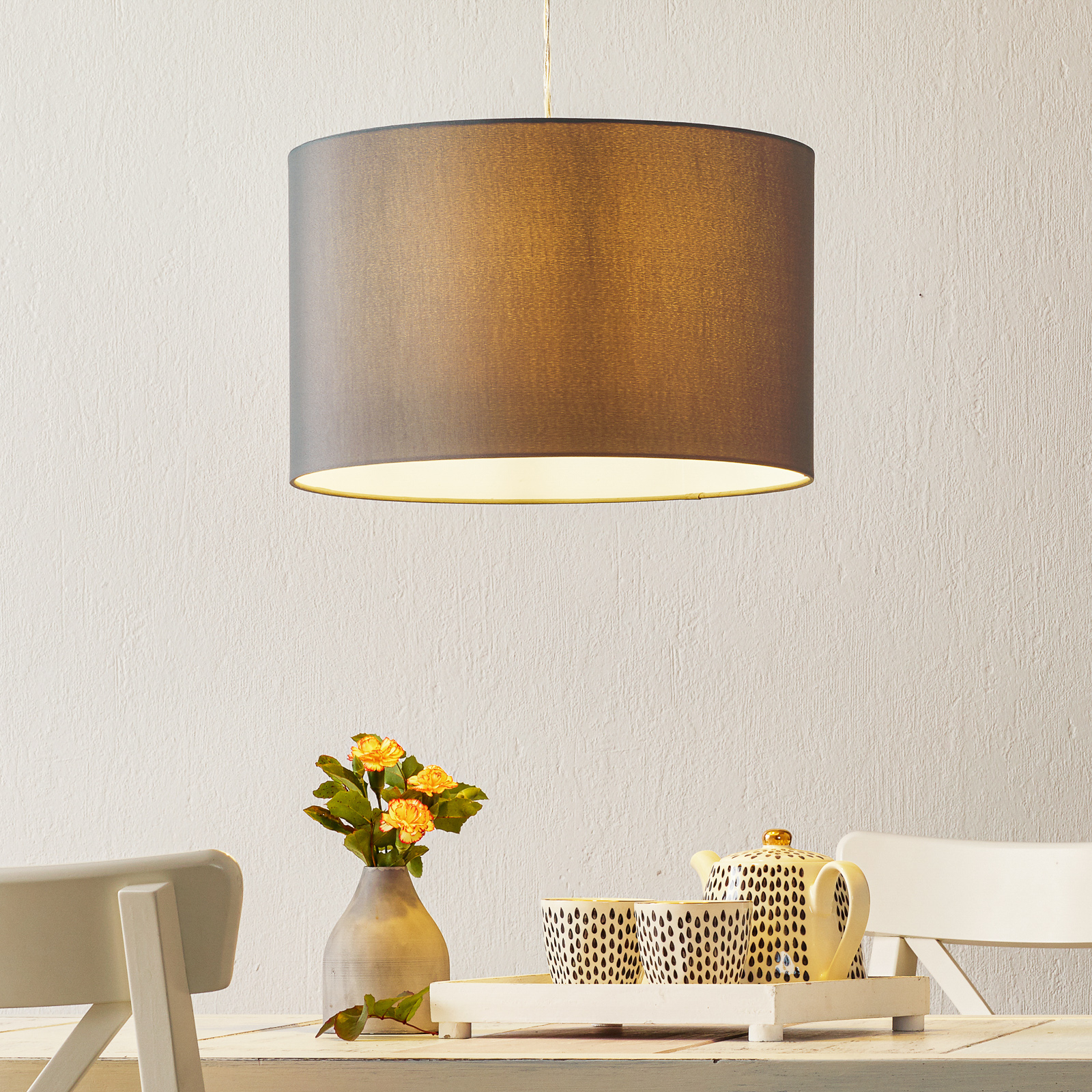 Brilliant Classic-modern hanging light Clarie, grey, for Living / Dining Room, metal, fabric, E27, 60 W, energy efficiency: A++, H: 25 cm