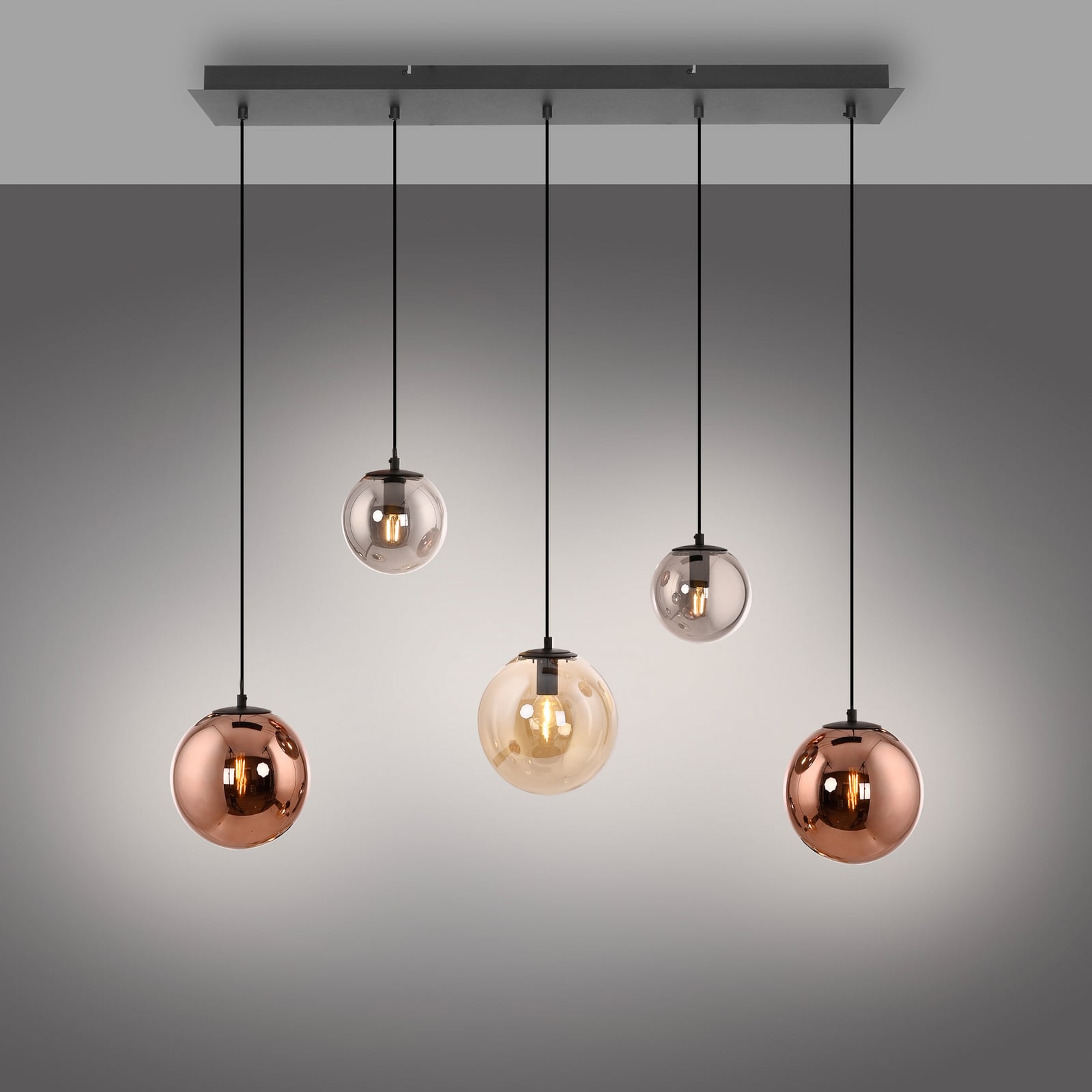 Shiny pendant light, 5-bulb, long, multicoloured, glass, E14 Shiny pendant light, 5-bulb, long, multicoloured, glass, E14