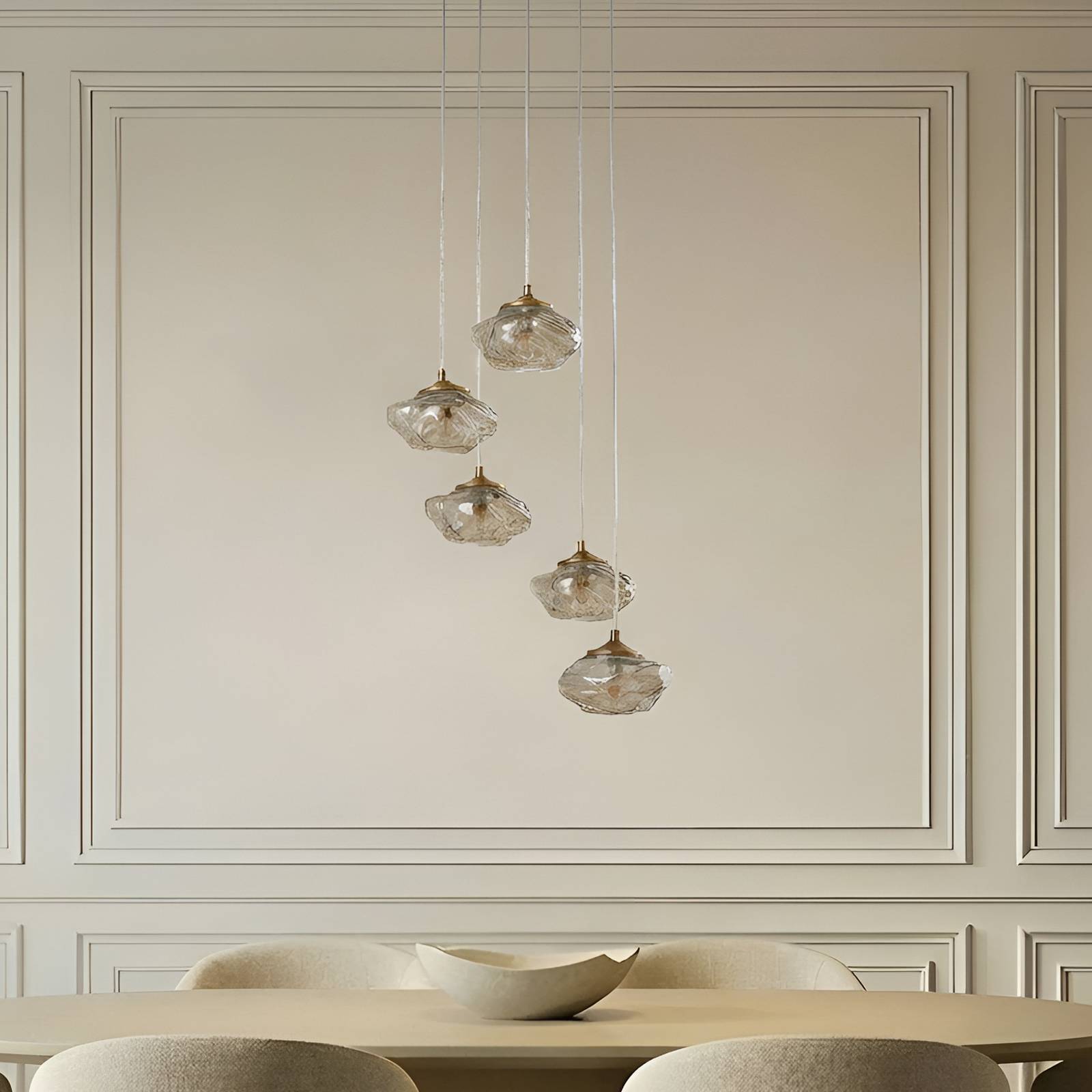 Lampa wisząca Lindby Piatra, Ø45 cm, 5-punktowa, koniak/mosiądz, szkło