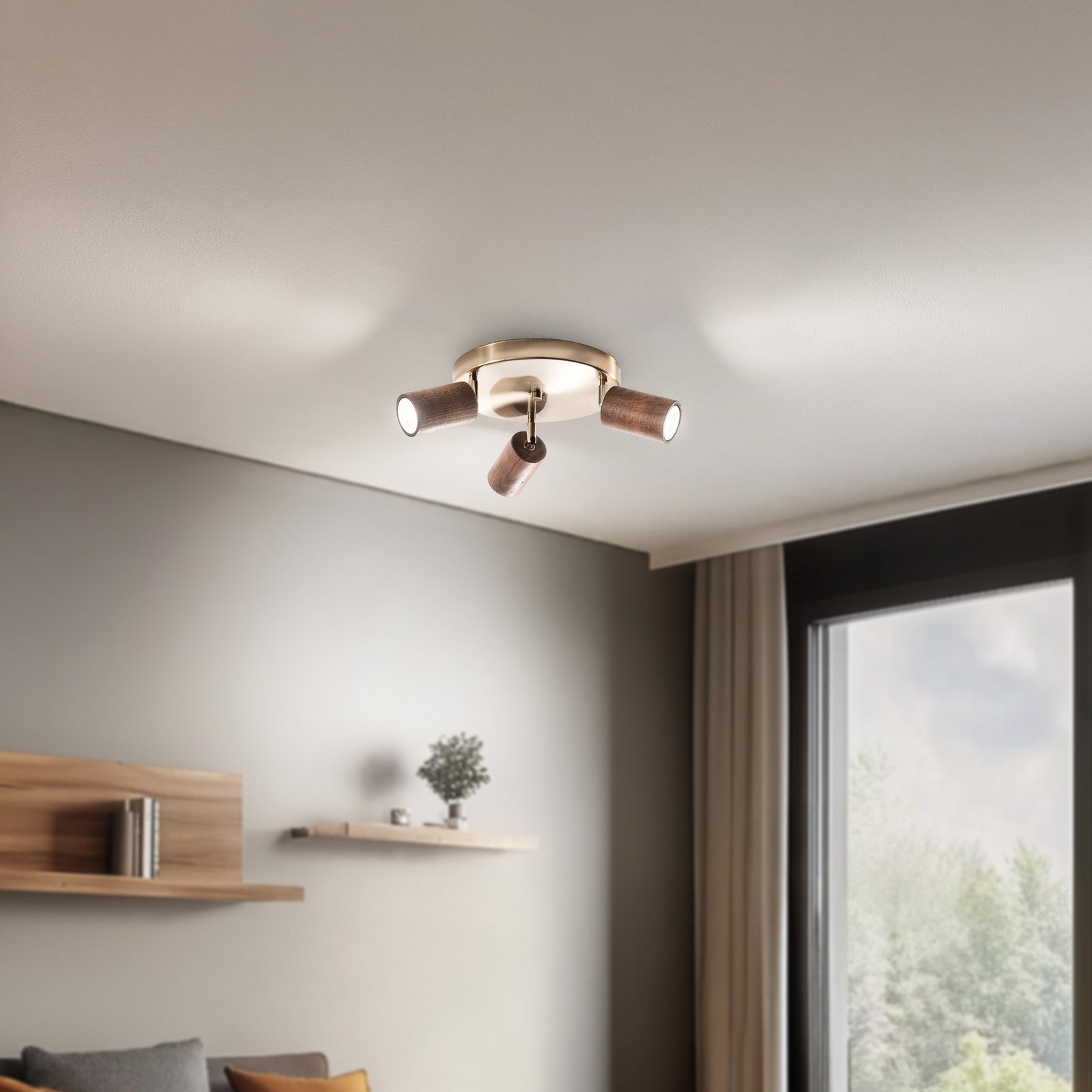 Spot pour plafond Legno, rond, à 3 lampes, brun / laiton, bois