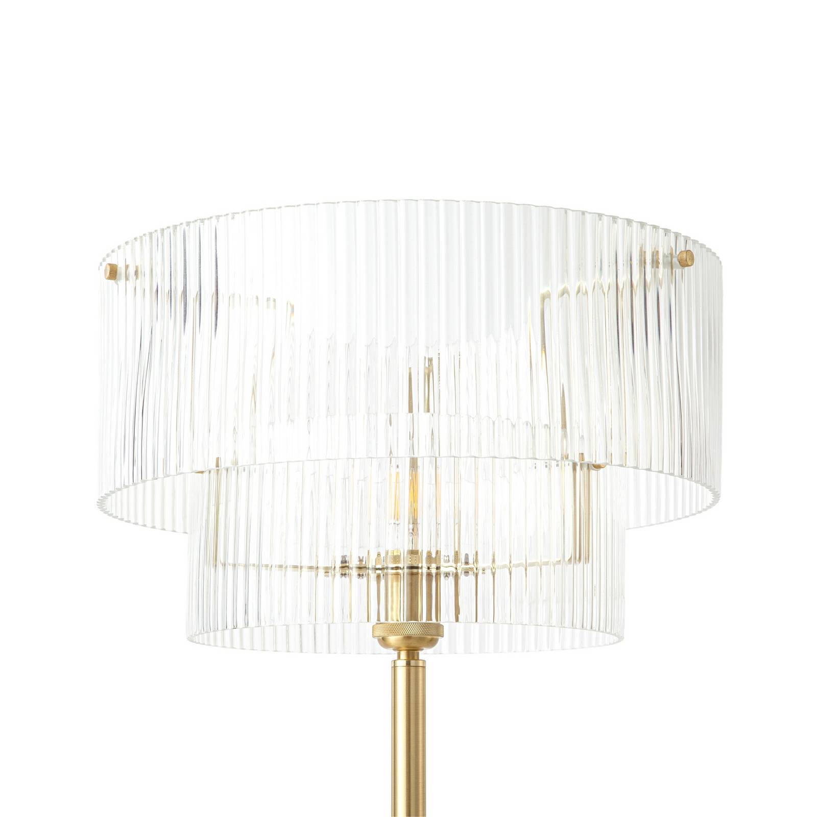 Lampa stojąca Lucande Meritt, mosiądz/przezroczyste szkło, wysokość 160 cm,